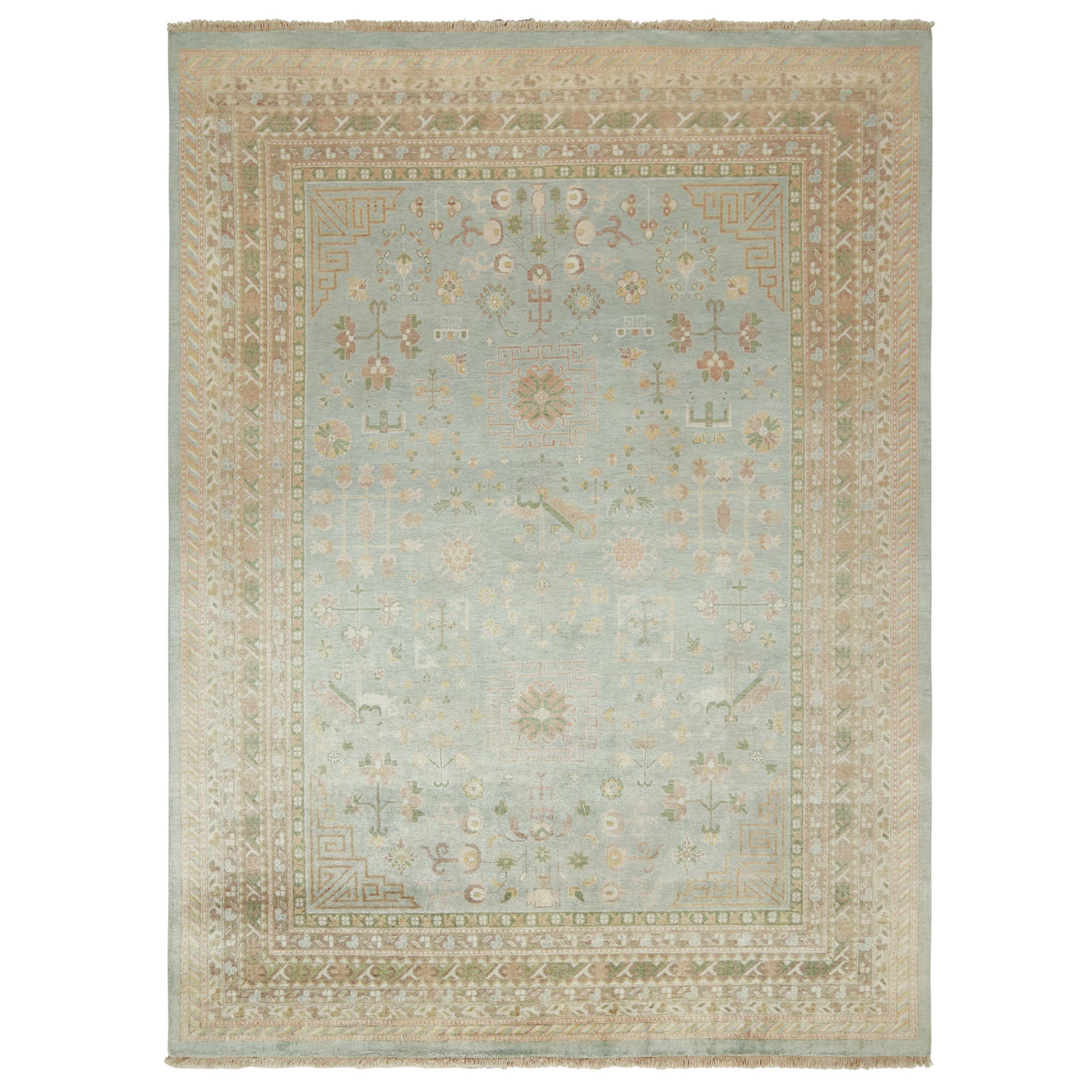 Rug & Kilim’s Khotan Style Rug with Blue, Gold and Green Floral Pattern For Sale