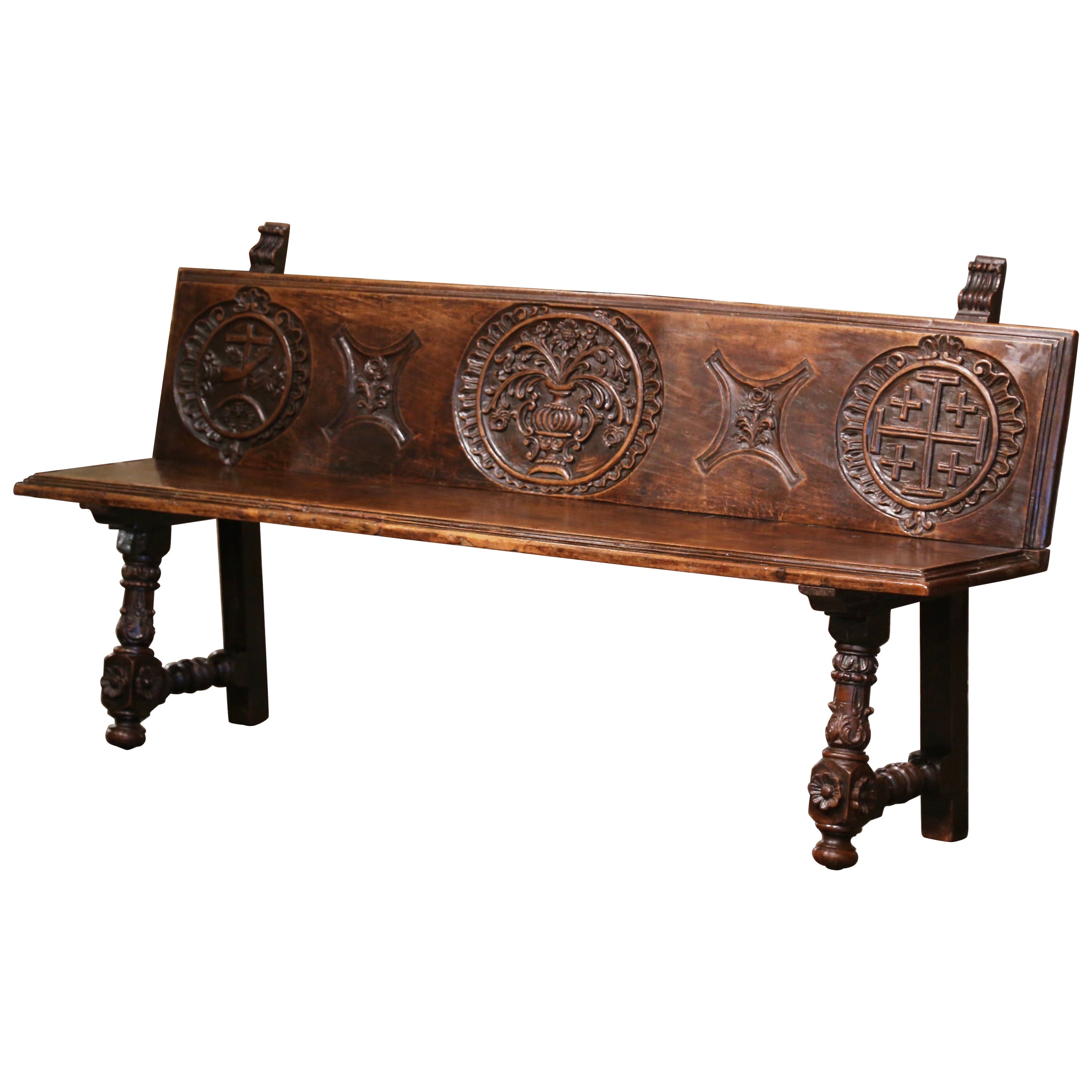 18th Century Spanish Baroque Carved Walnut Bench from The Pyrenees