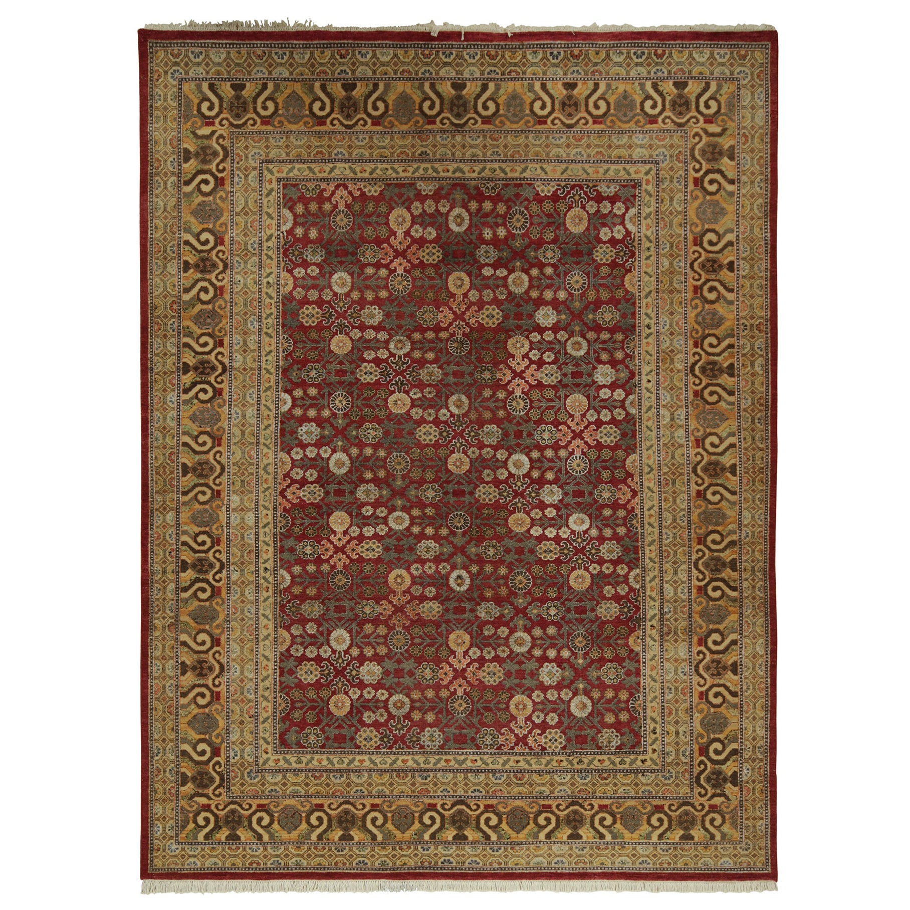 Rug & Kilim’s Khotan Style Rug with Maroon and Gold with Floral Patterns For Sale
