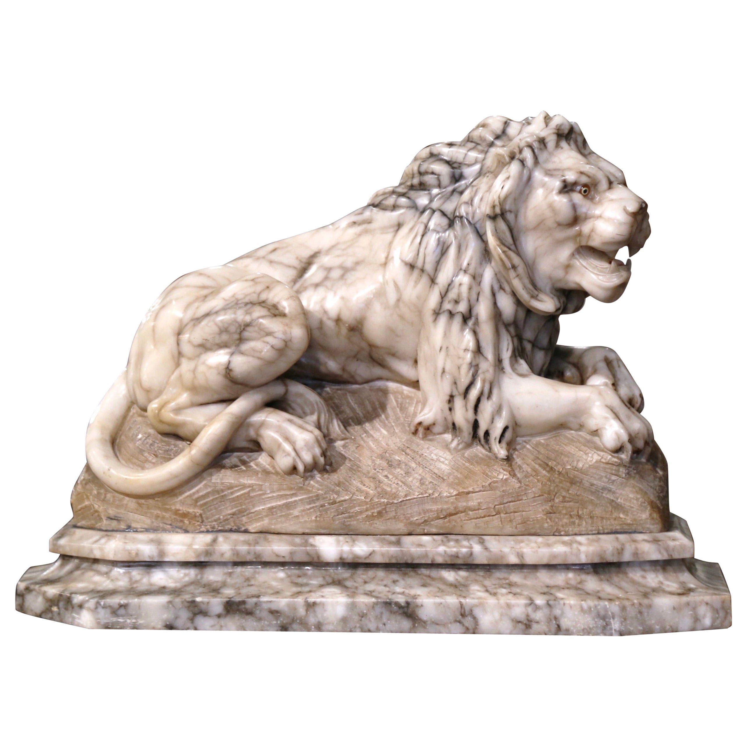 19th Century French Carved Marble Lion Sculpture Signed P. Ruggeri For Sale