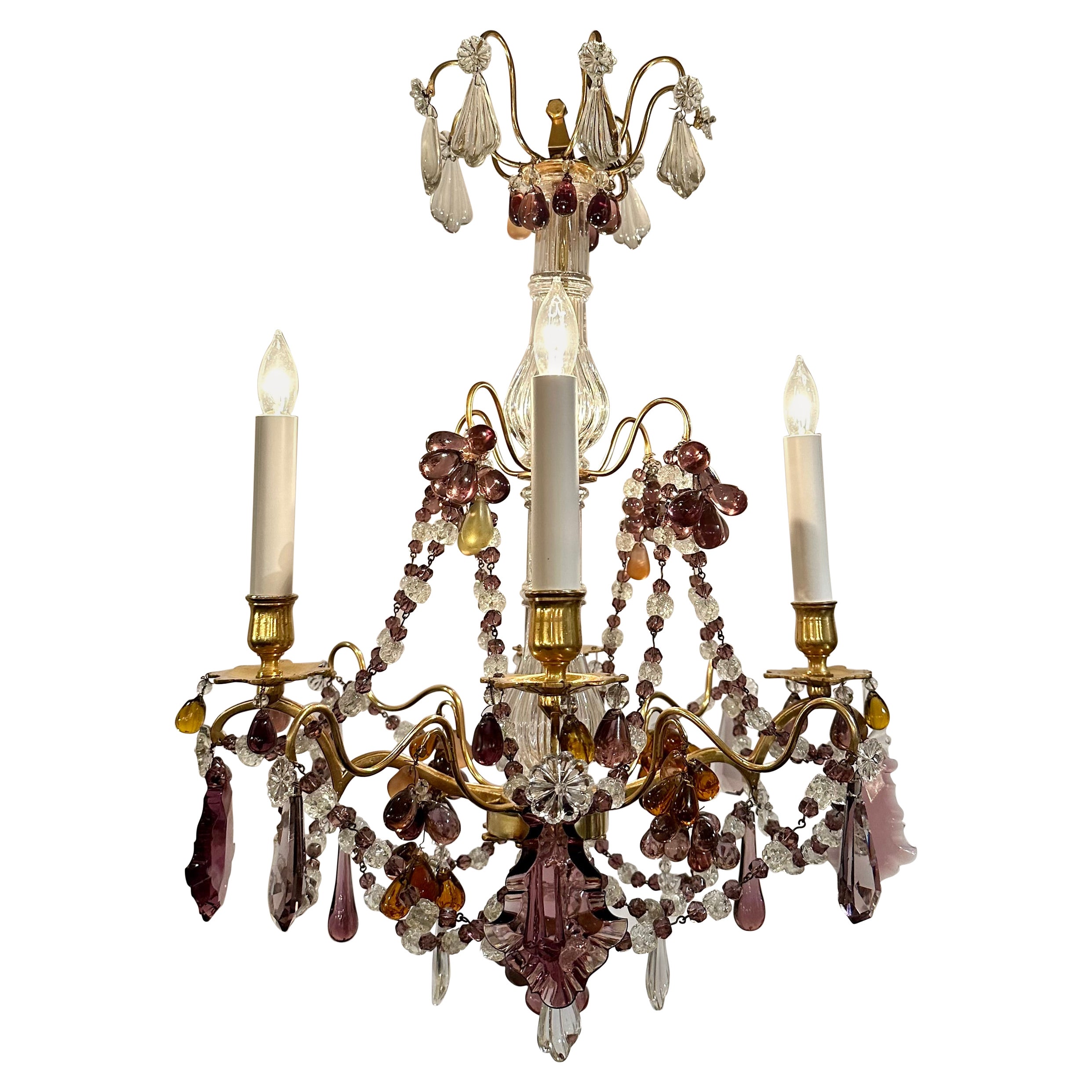 Lustre ancien en bronze doré et perles de cristal, Circa 1890-1910. en vente