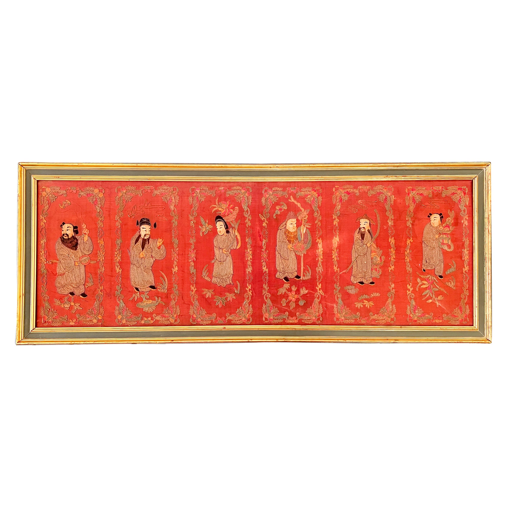 Antike chinesische Seidenstickerei „Ancestors“-Tafel aus dem 19. Jahrhundert.