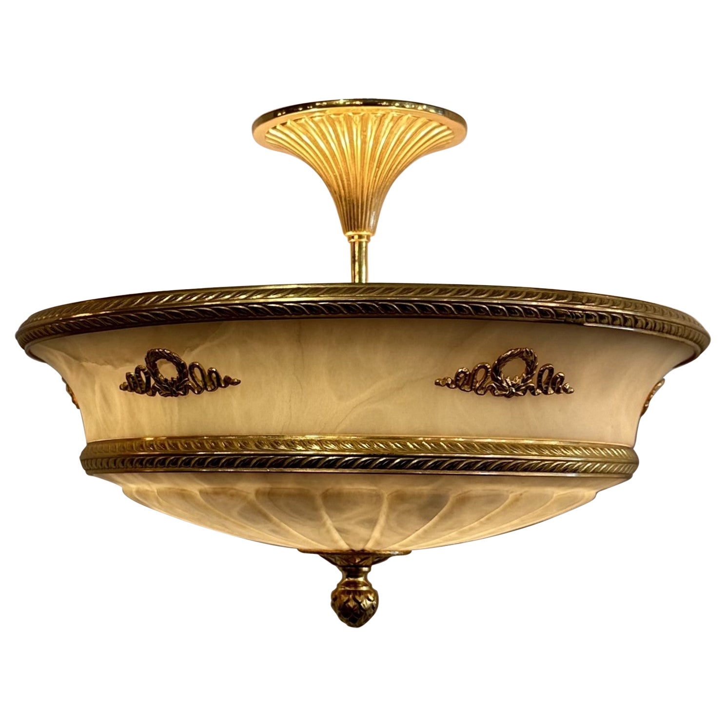 Estate French Alabaster and Gold Bronze Light Fixture, Circa 1950's. For Sale