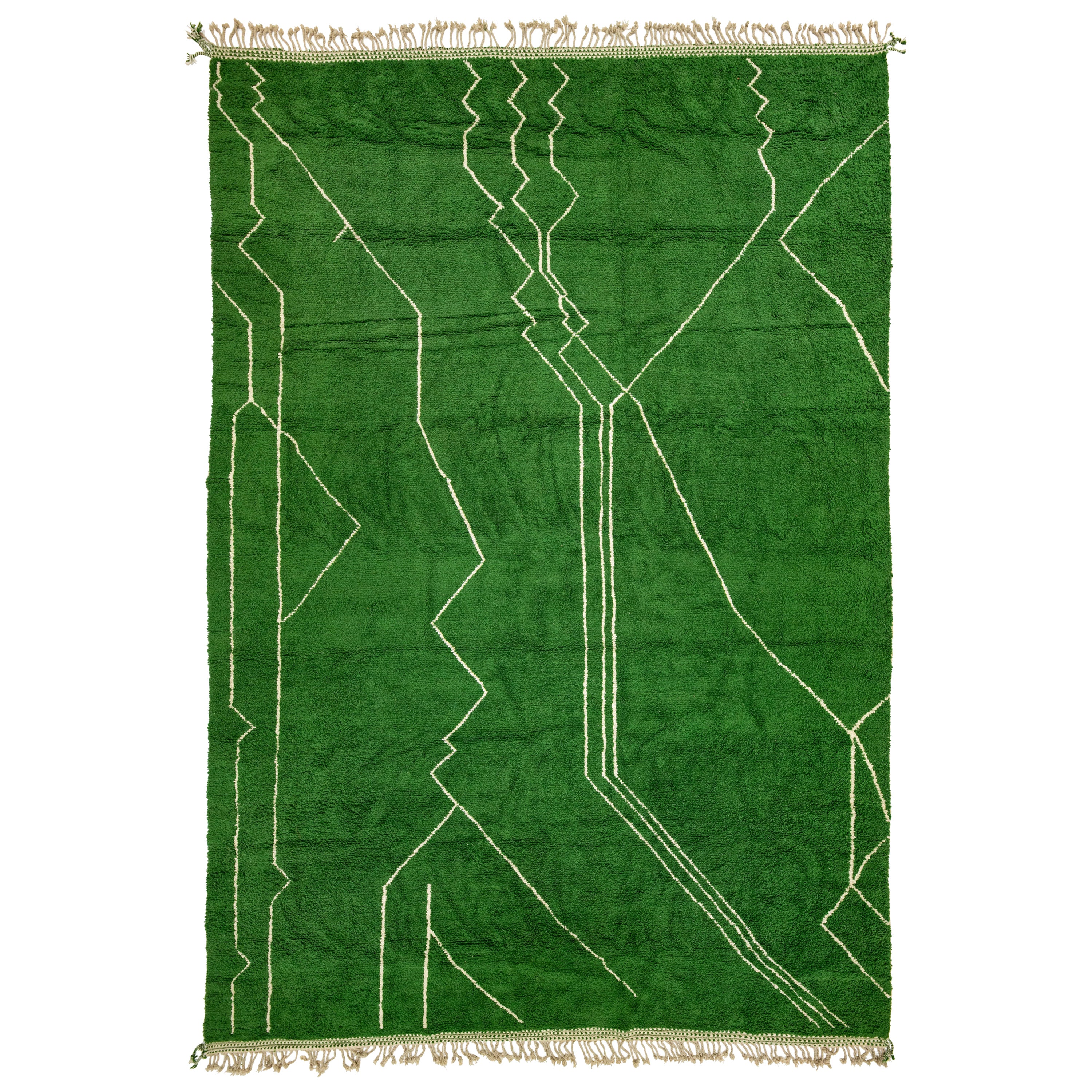 Organic Modern Moroccan Style Oversize Wool Rug with Emerald-Green Field For Sale