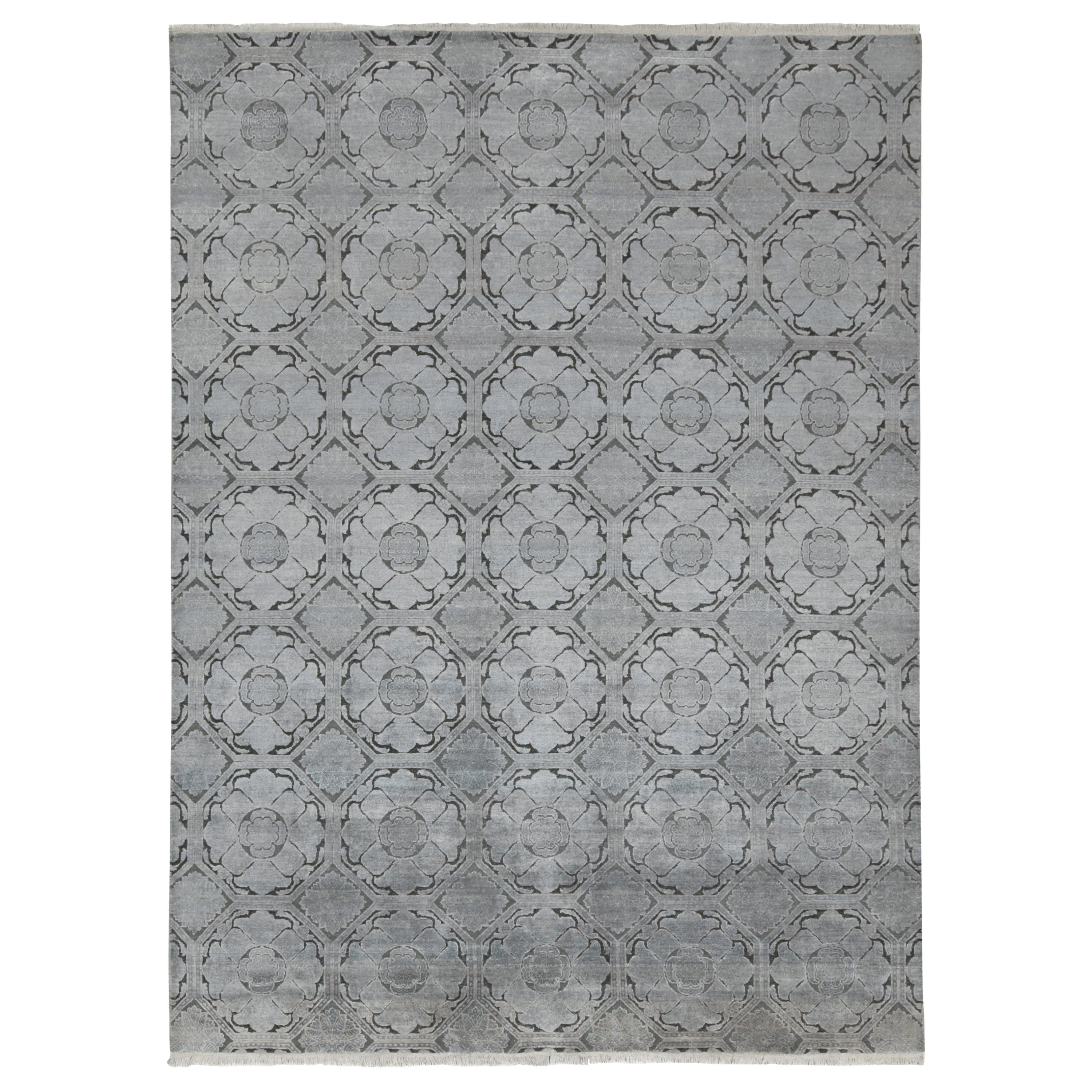 Rug & Kilim’s Modern Classics Rug With Silver-Gray and Blue Medallions For Sale