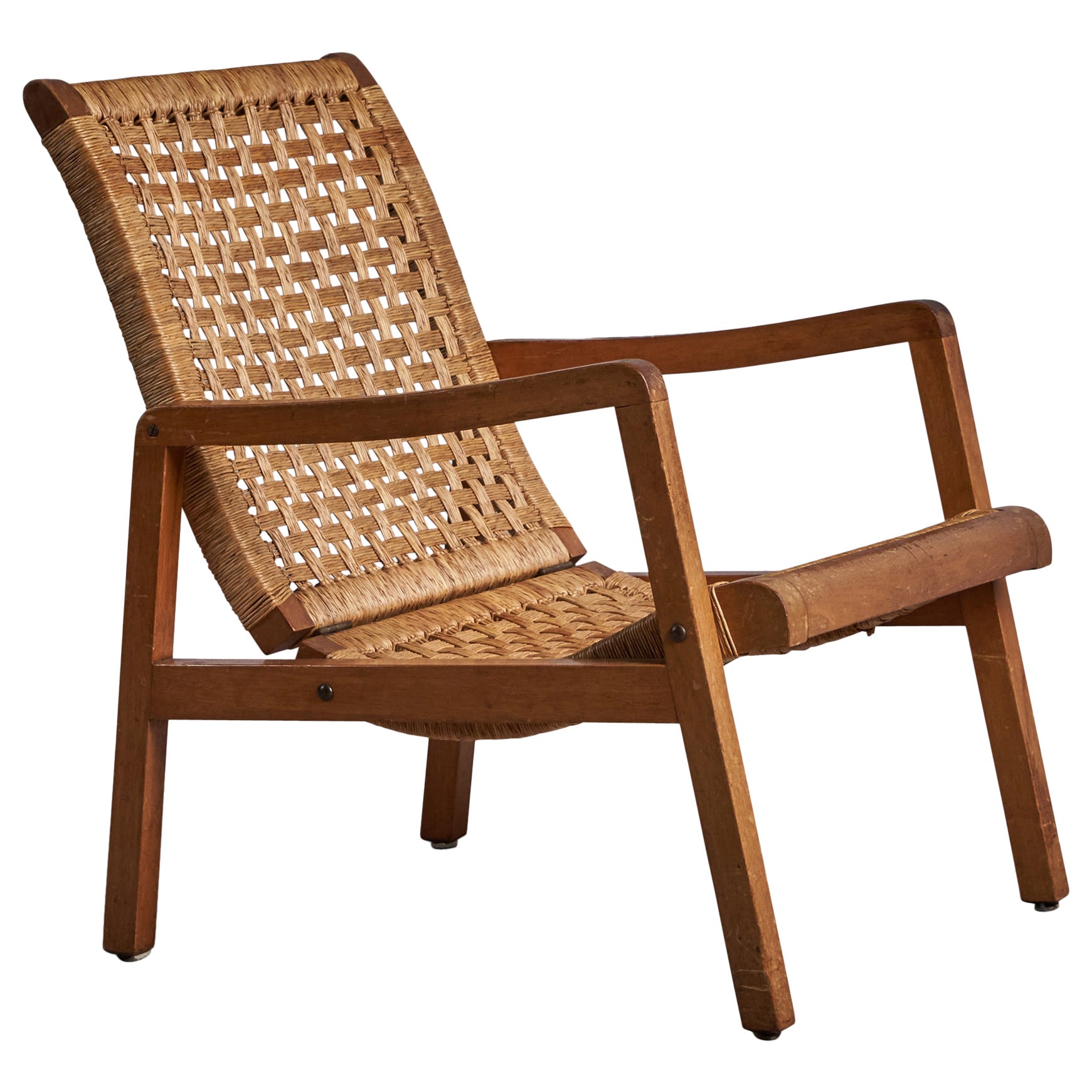 Mexican Designer, Lounge Chair, Oak, Cane, Mexico, 1950s