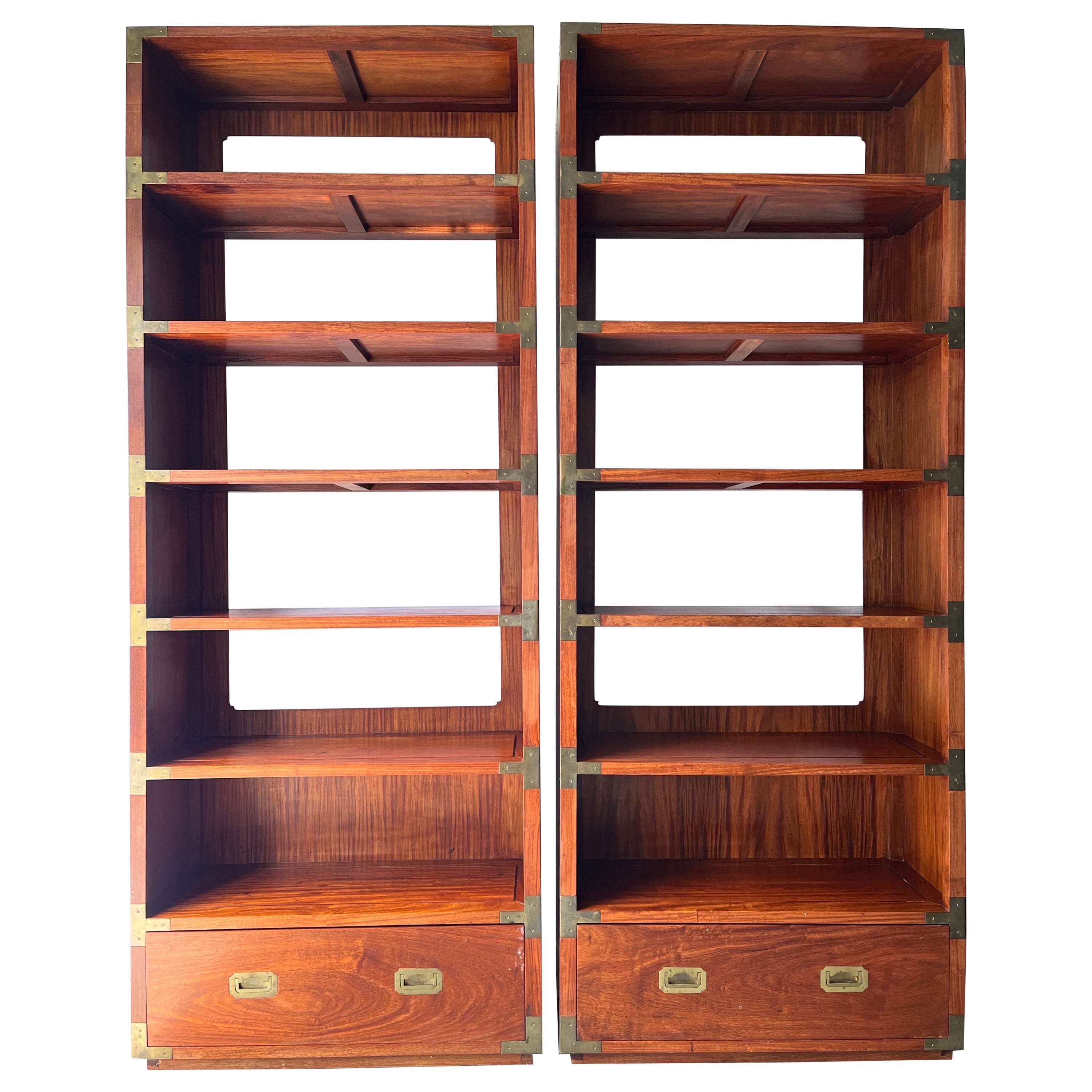 Pair Vintage Mid Century Campaign Style Floating Etagere Bookshelves with Drawer