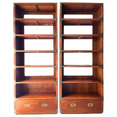 Pair Vintage Mid Century Campaign Style Floating Etagere Bookshelves with Drawer