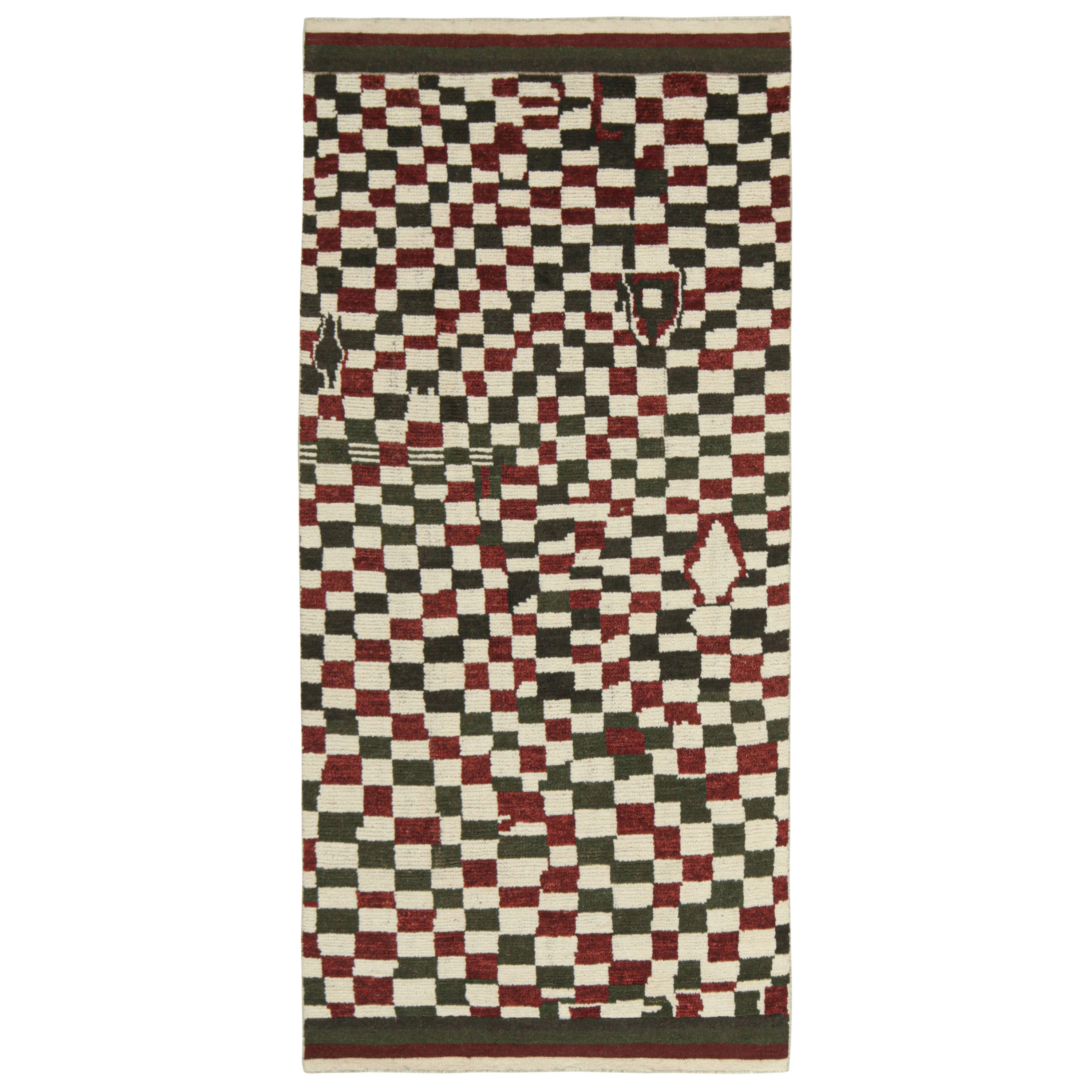 Rug & Kilim’s Moroccan Style Rug in White, Red and Brown Checkered Pattern For Sale