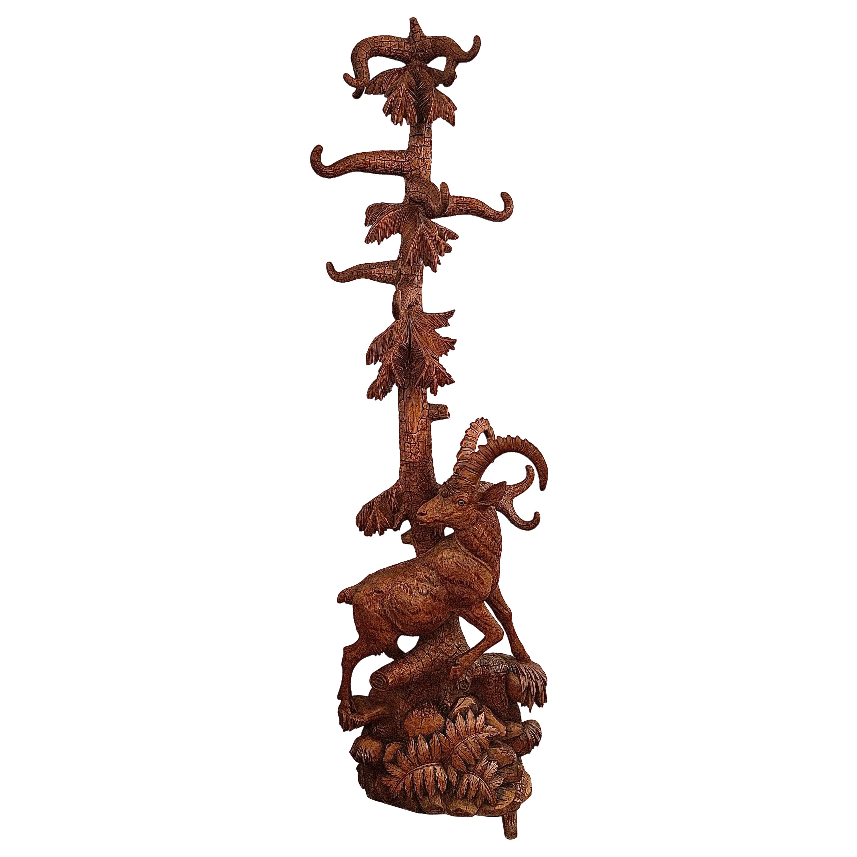Antique Swiss Carved "Black Forest" Hall Tree with Ibex, Circa 1890's. For Sale