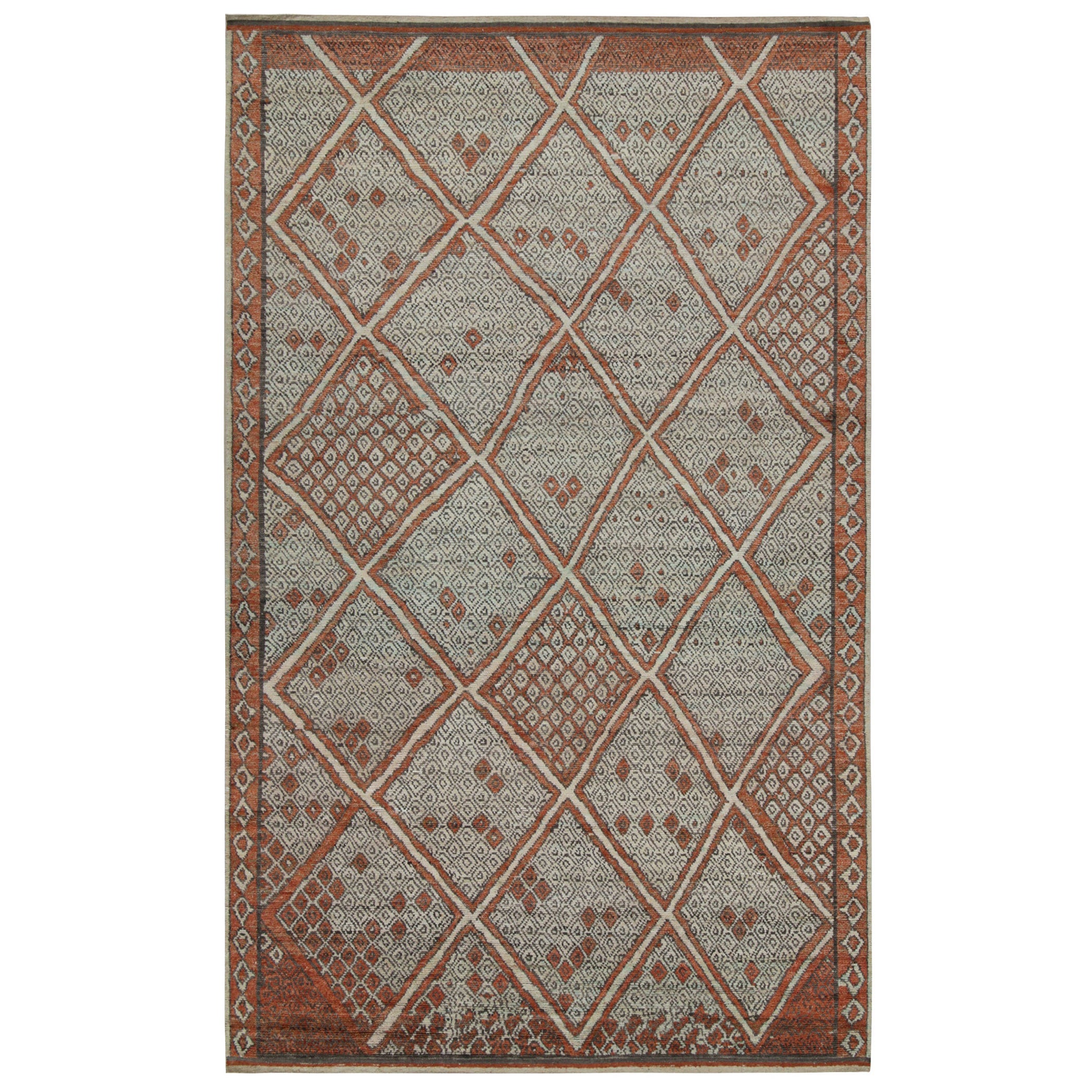 Rug & Kilim’s Moroccan Style Rug in Auburn Red and Gray Diamond Patterns For Sale