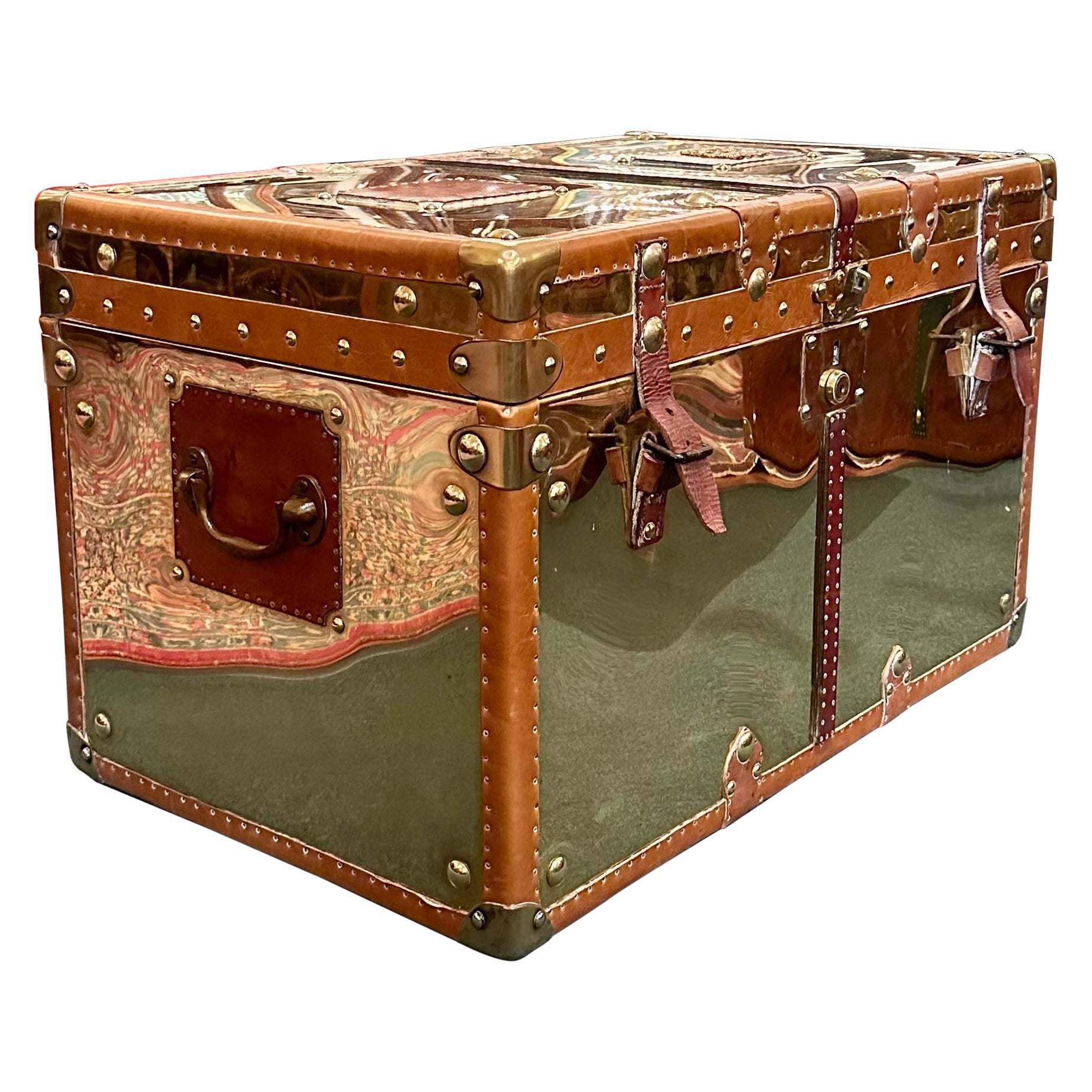 Large Antique British Leather & Brass Military Trunk, Circa 1910's-1920's.