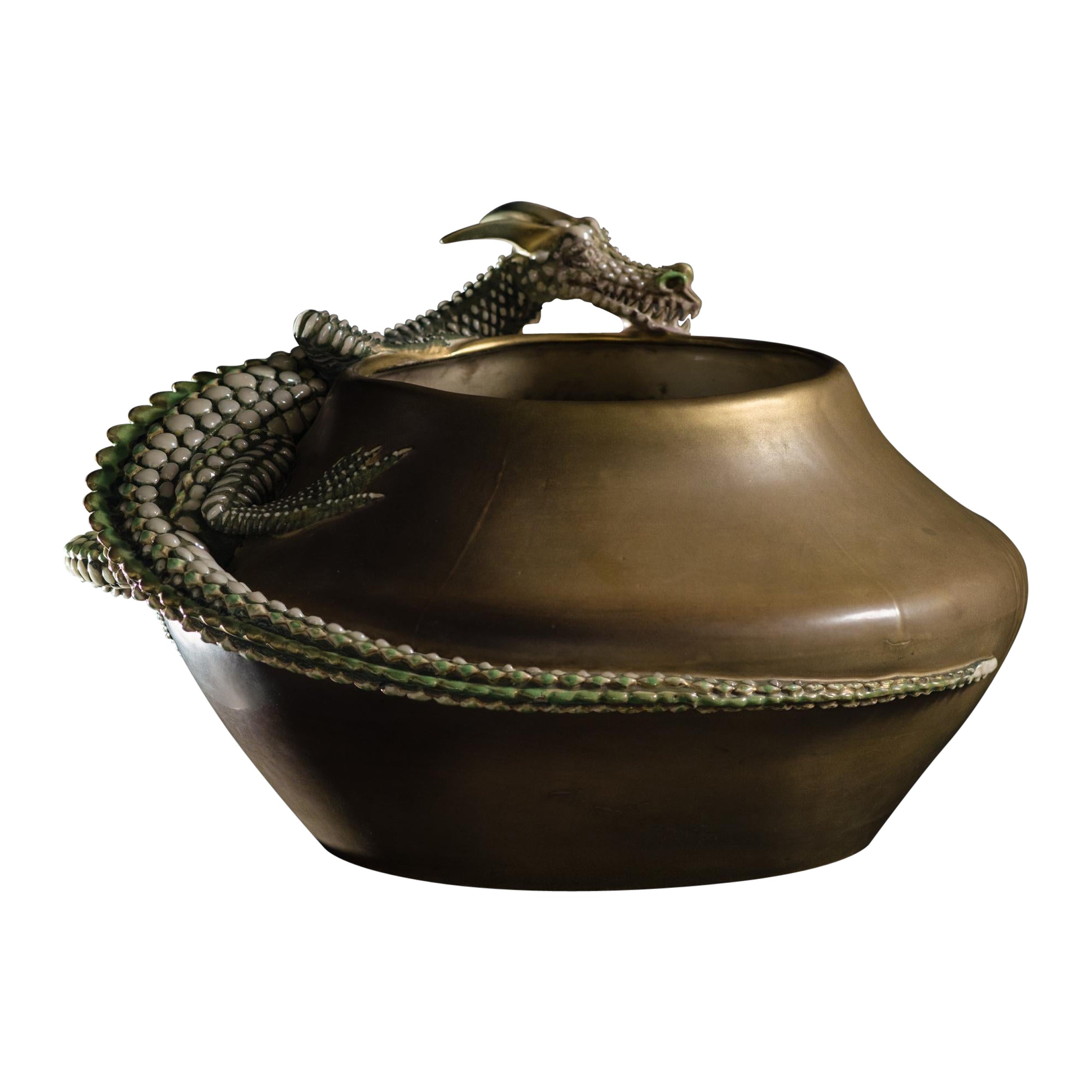 Monumental Amphora Art Nouveau Bowl w/Saurian by Eduard Stellmacher & Co. For Sale