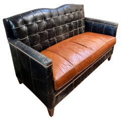 Vintage Distressed Black Leather Sofa with Caramel Seat and Nail Head Trim