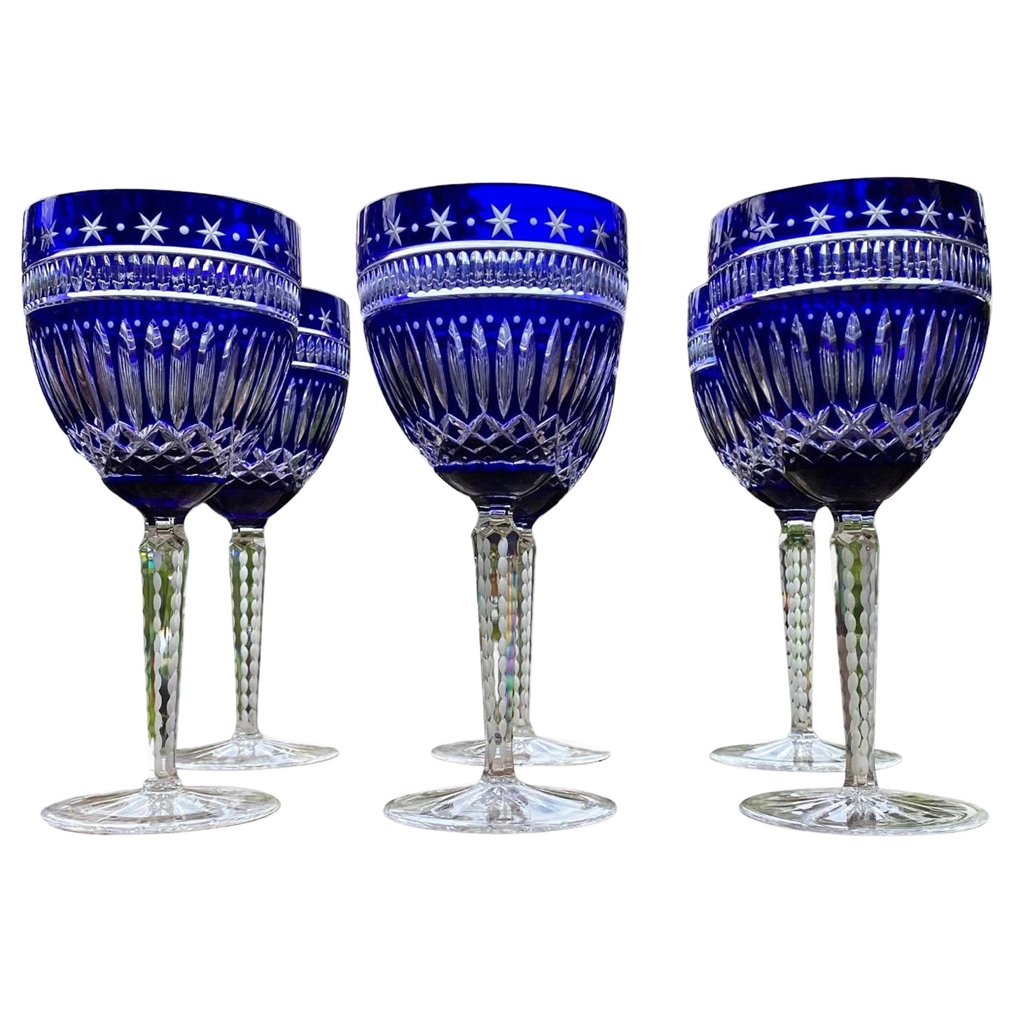 Six Ajka Serenity Star Cobalt Blue Cut To Clear Water Goblets Wine Glasses For Sale