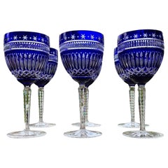 Six Ajka Serenity Star Cobalt Blue Cut To Clear Water Goblets Wine Glasses