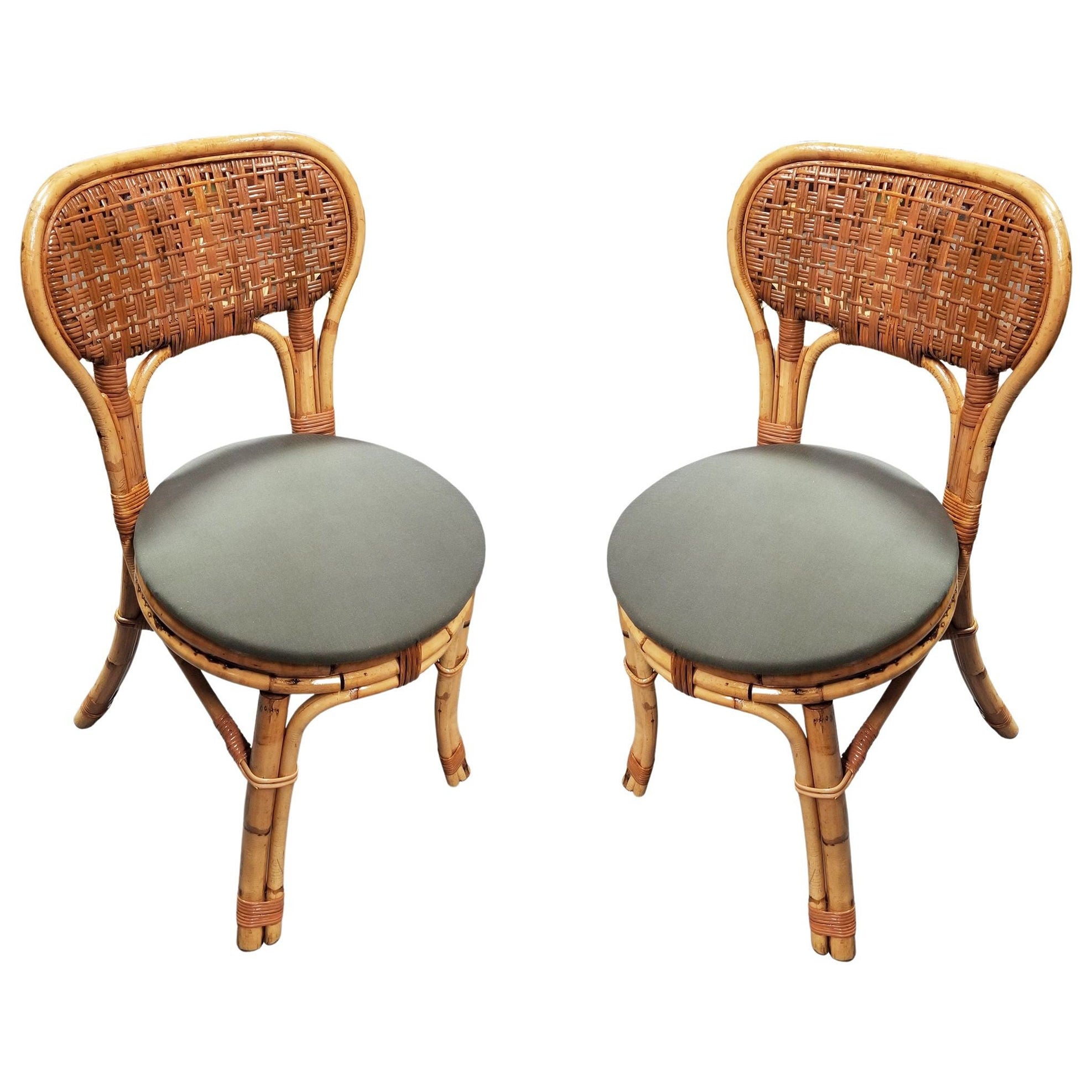 Restored Calif-Asia Style Rattan Wicker Fan Back Dining Side Chair, Pair For Sale
