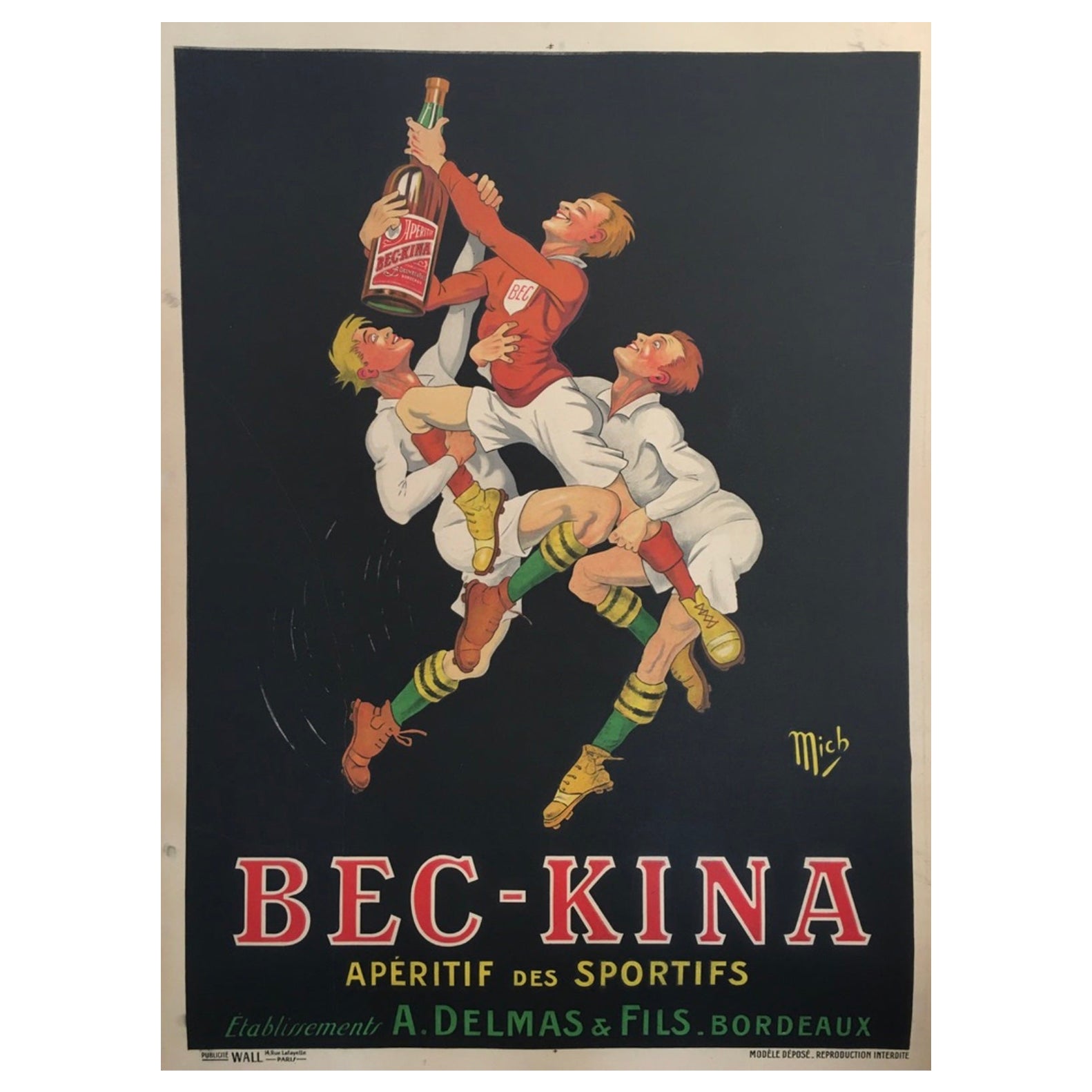 Poster originale d'epoca in stile Art Déco francese, 'Bec Kina', Apéritif 1910 di Mich
