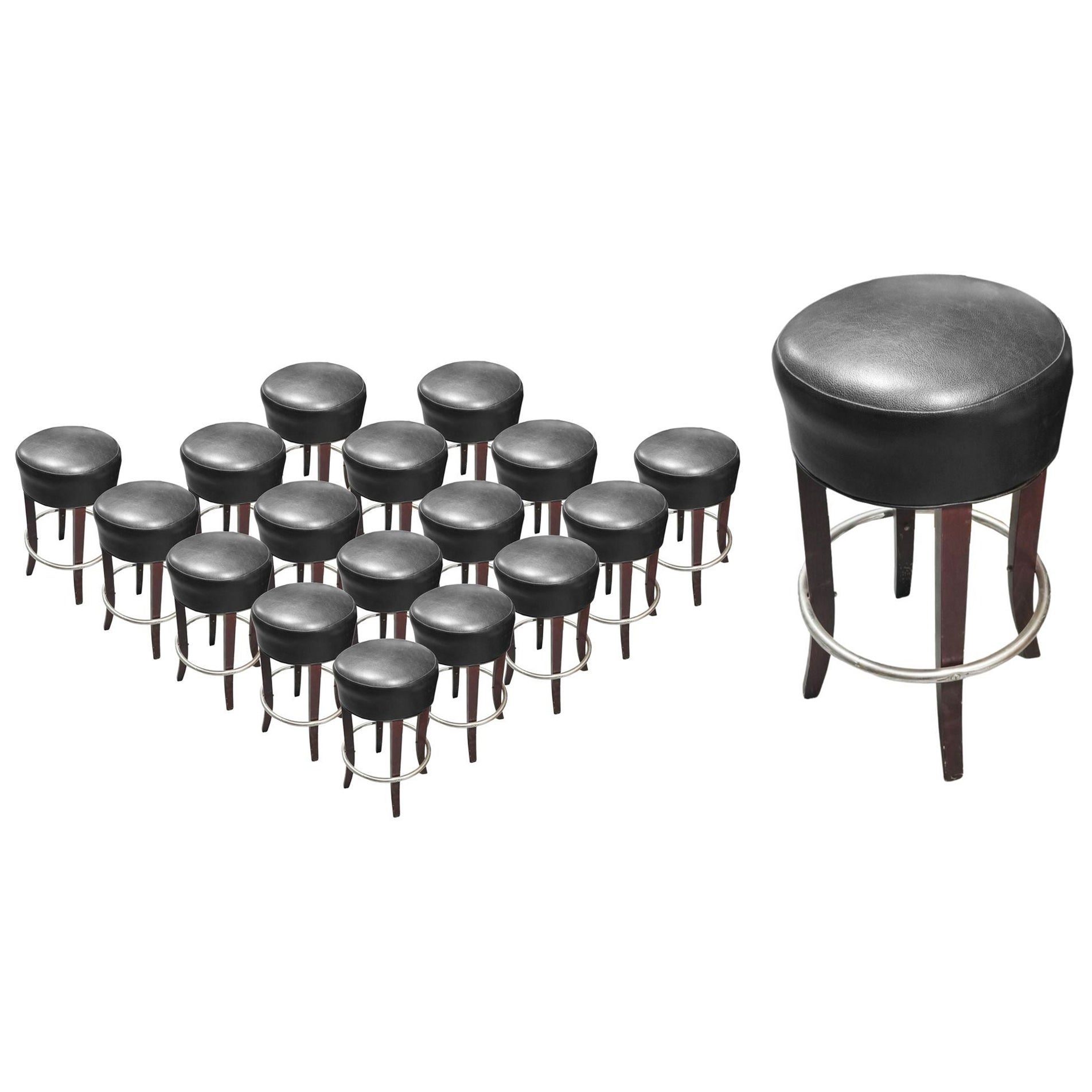 Black Leather Bar Stools with Chrome Foot Rests For Sale