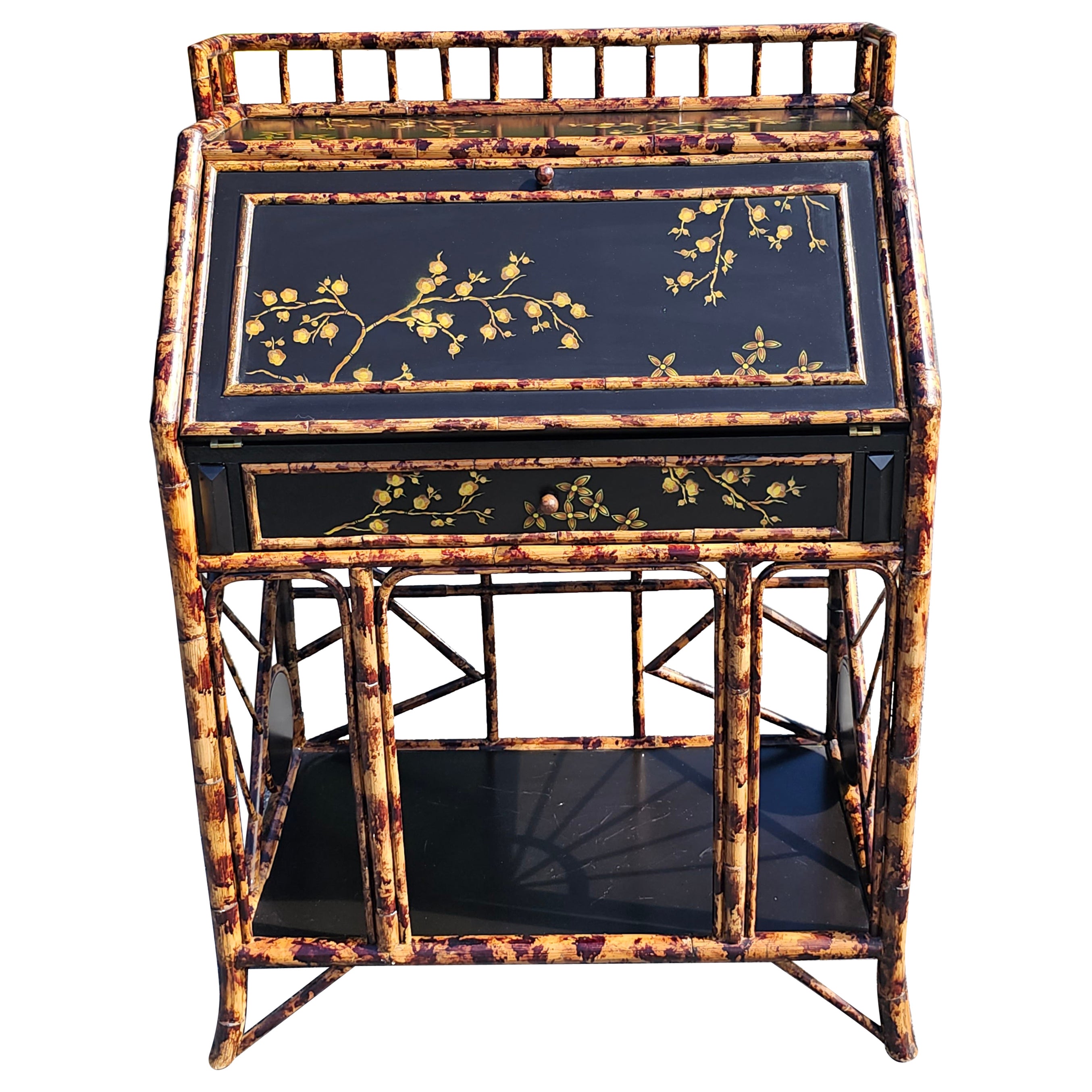 Faux Bamboo Rattan Enamel and Decorated Slant Top Secretary Desk For Sale
