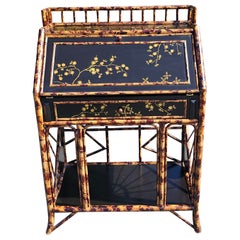 Vintage Faux Bamboo Rattan Enamel and Decorated Slant Top Secretary Desk