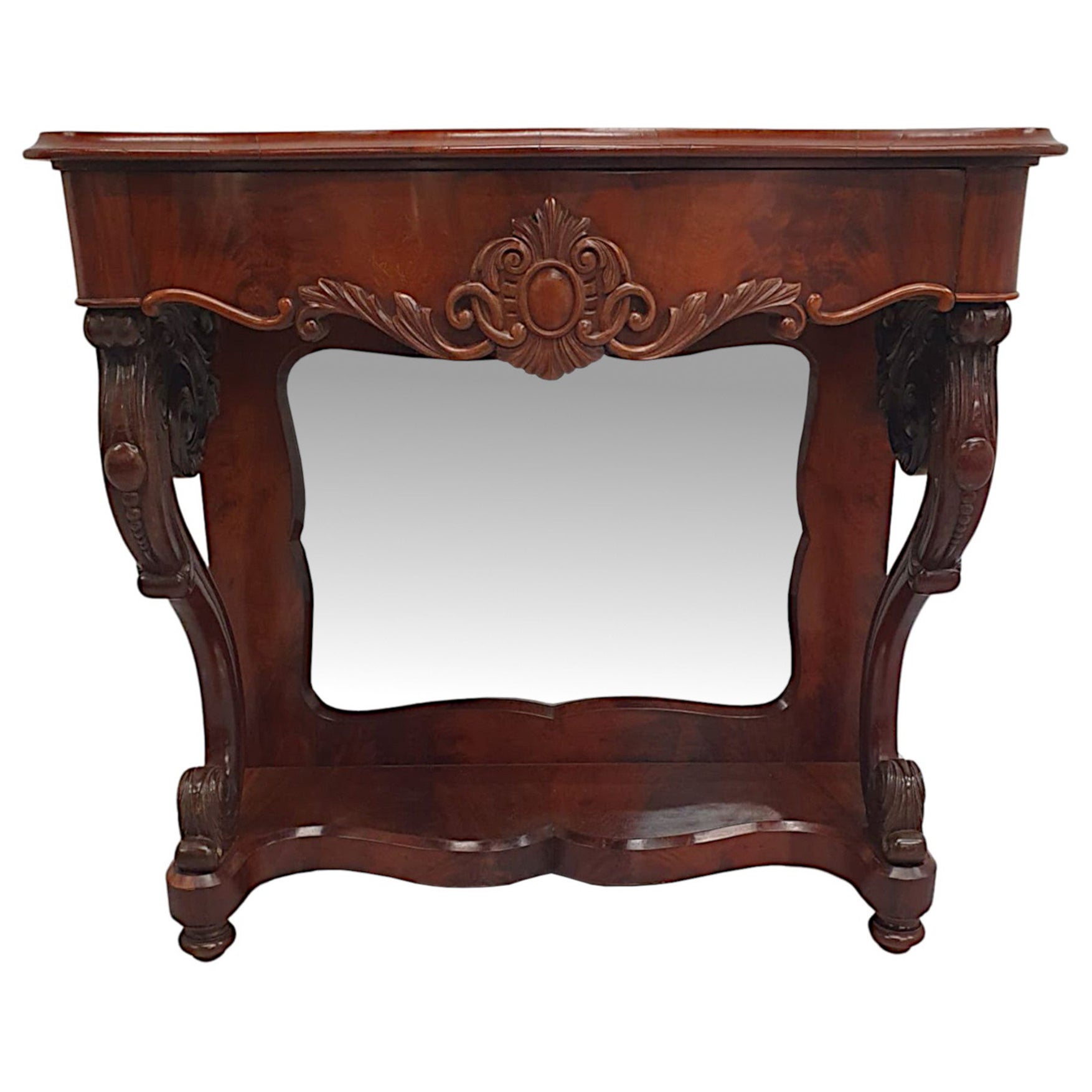  Très belle console en acajou flammé du 19e siècle à dos de miroir 