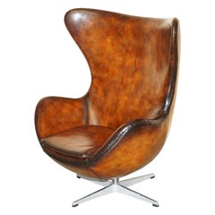 1 of 2 Fine Vintage Restored Fritz Hansen Style Egg Chair Whisky Brown Leather