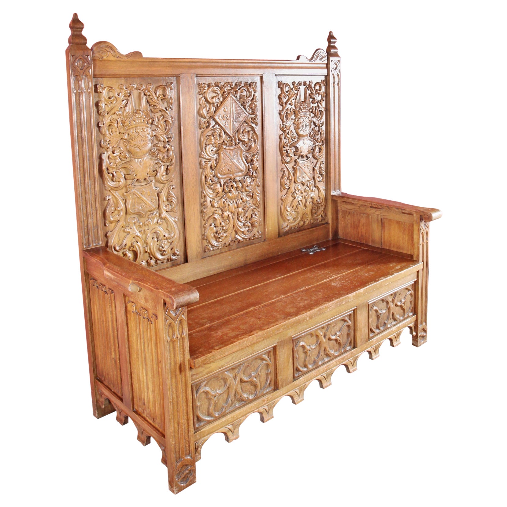 Neo-Gothic oak bench with storage space For Sale