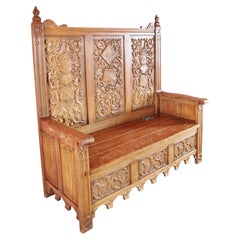 Vintage Neo-Gothic oak bench with storage space