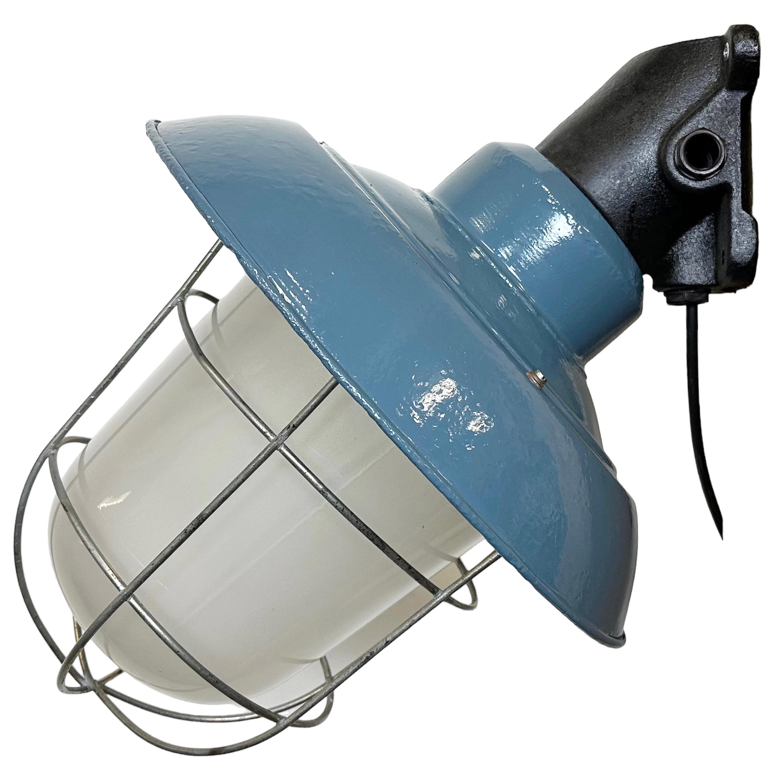 Industrial Blue Painted Factory Wall Cage Lamp from Elektrosvit, 1960s