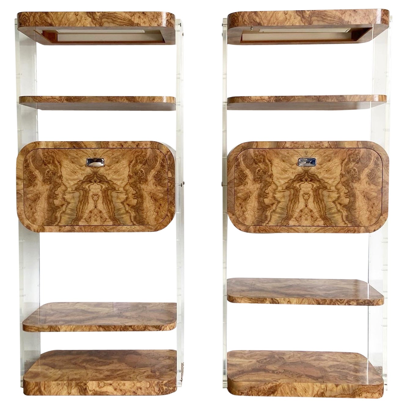 Postmodern Burl Wood Laminate and Lucite Modular Wall Unit/Etagere/Dry Bar For Sale