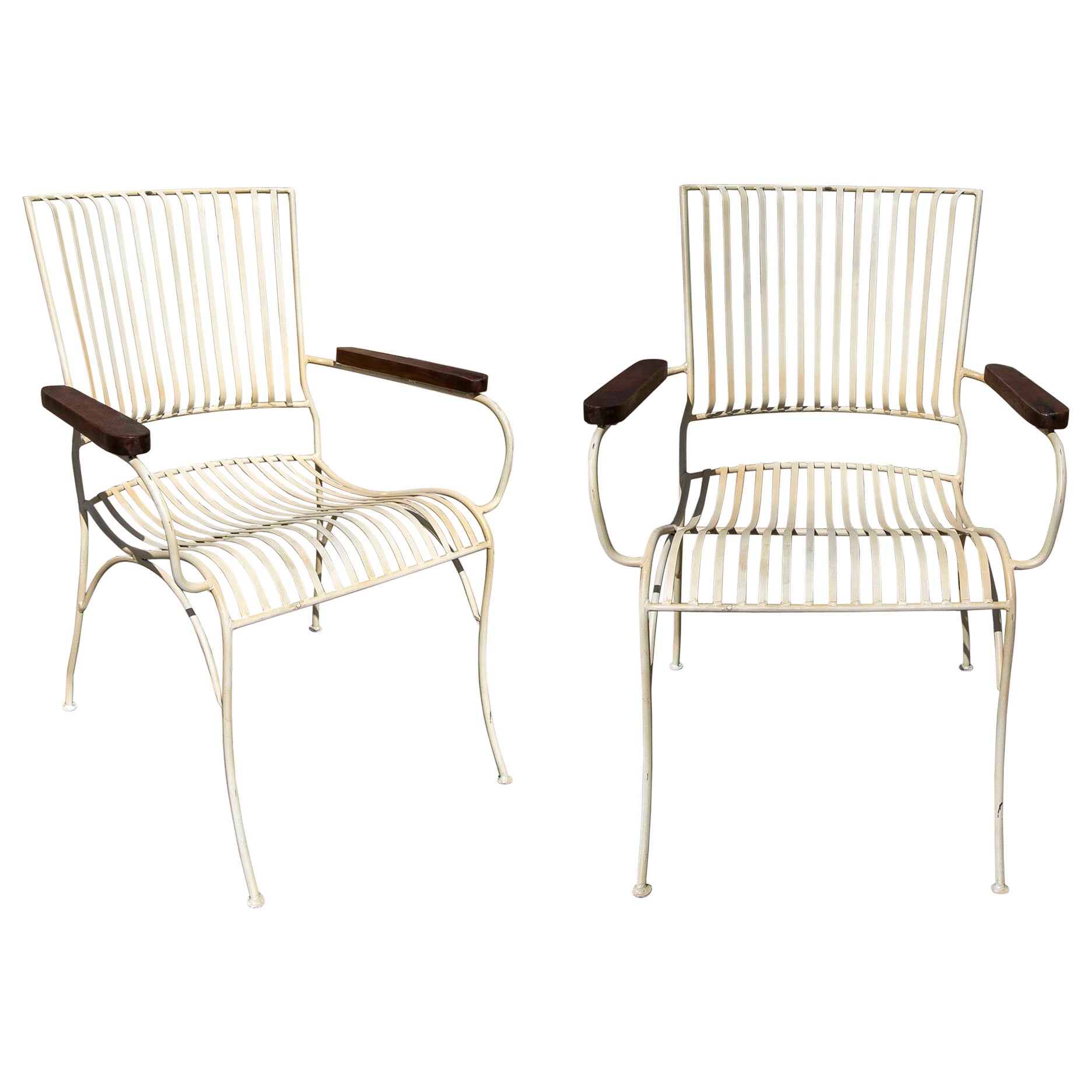 Pair of Garden Chairs Made of Iron with Wooden Armrests