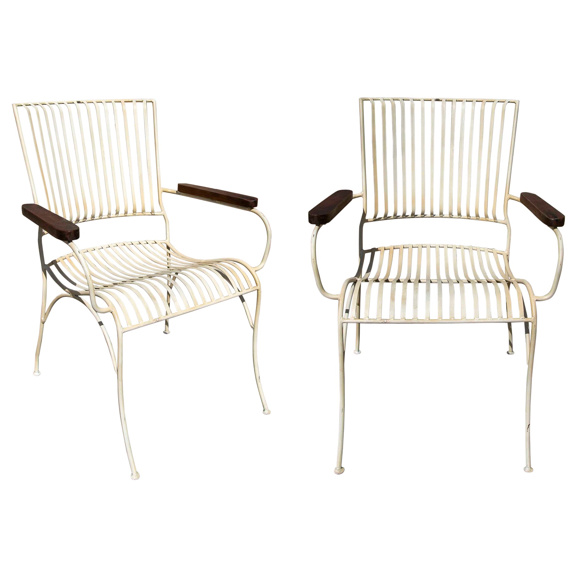 Pair of Garden Chairs Made of Iron with Wooden Armrests  For Sale