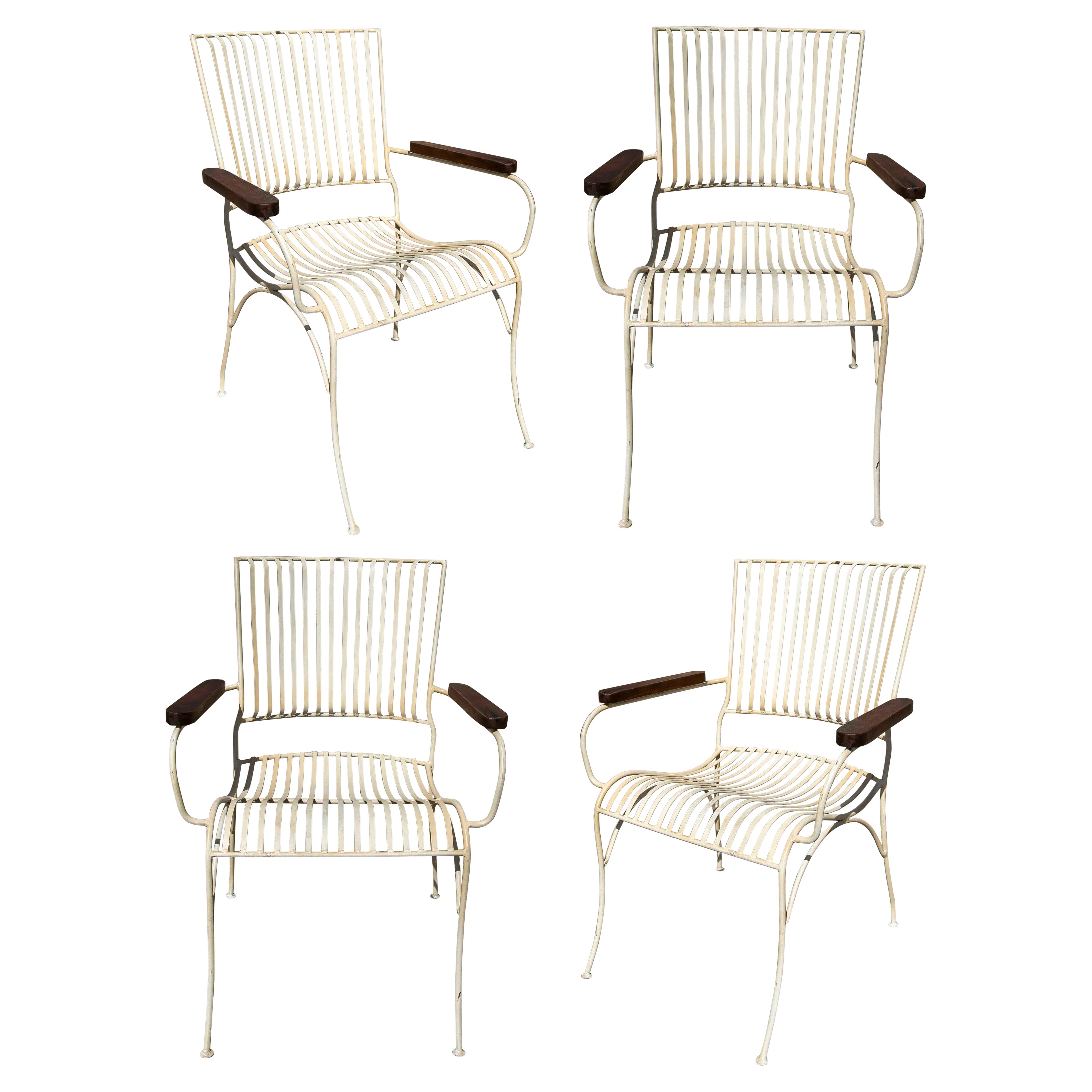 Set of Four Garden Chairs Made of Iron with Wooden Armrests 