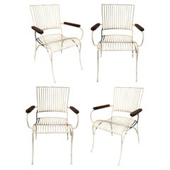 Set of Four Garden Chairs Made of Iron with Wooden Armrests 