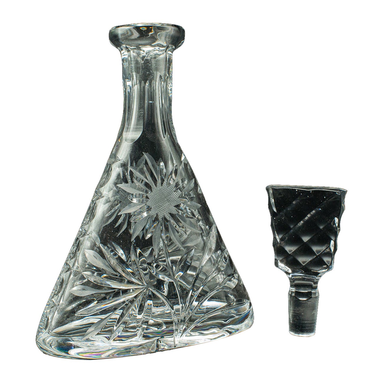 Decantador de vino vintage, inglés, recipiente de vidrio tallado para bebidas espirituosas, mediados de siglo, circa 1960