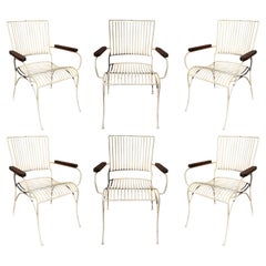 Set of Six Garden Chairs Made of Iron with Wooden Armrests 