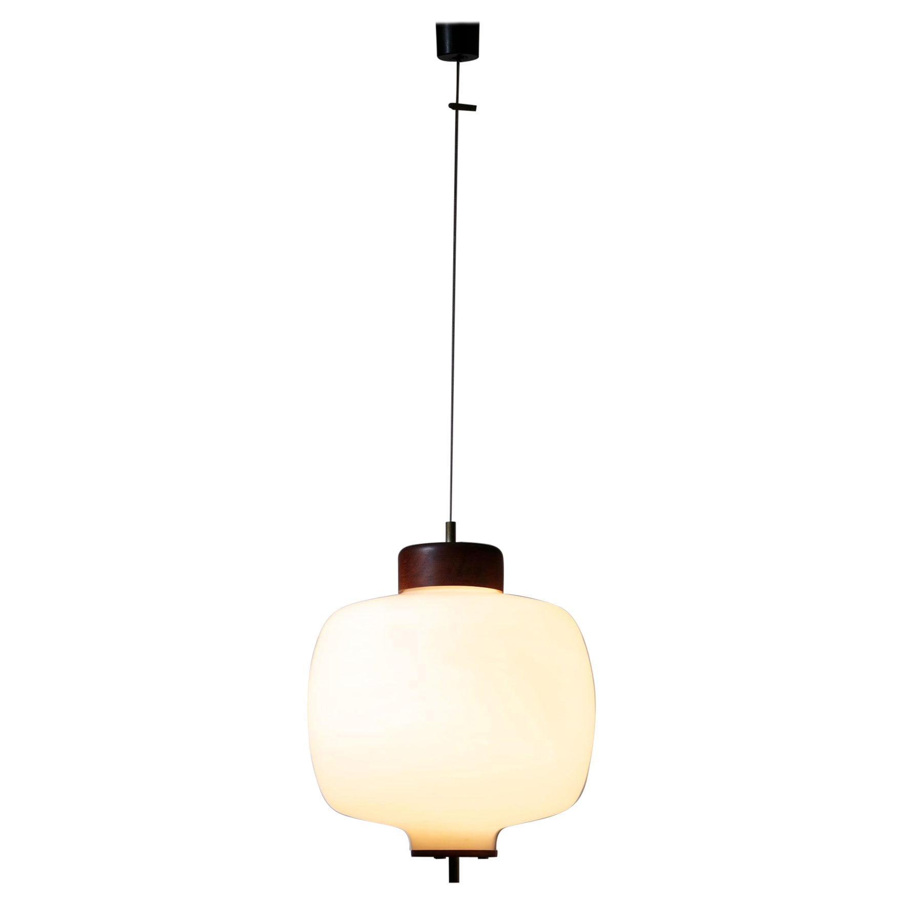 Wood and Opaline Glass Pendant Lamp by Reggiani, Italy, 1960s For Sale