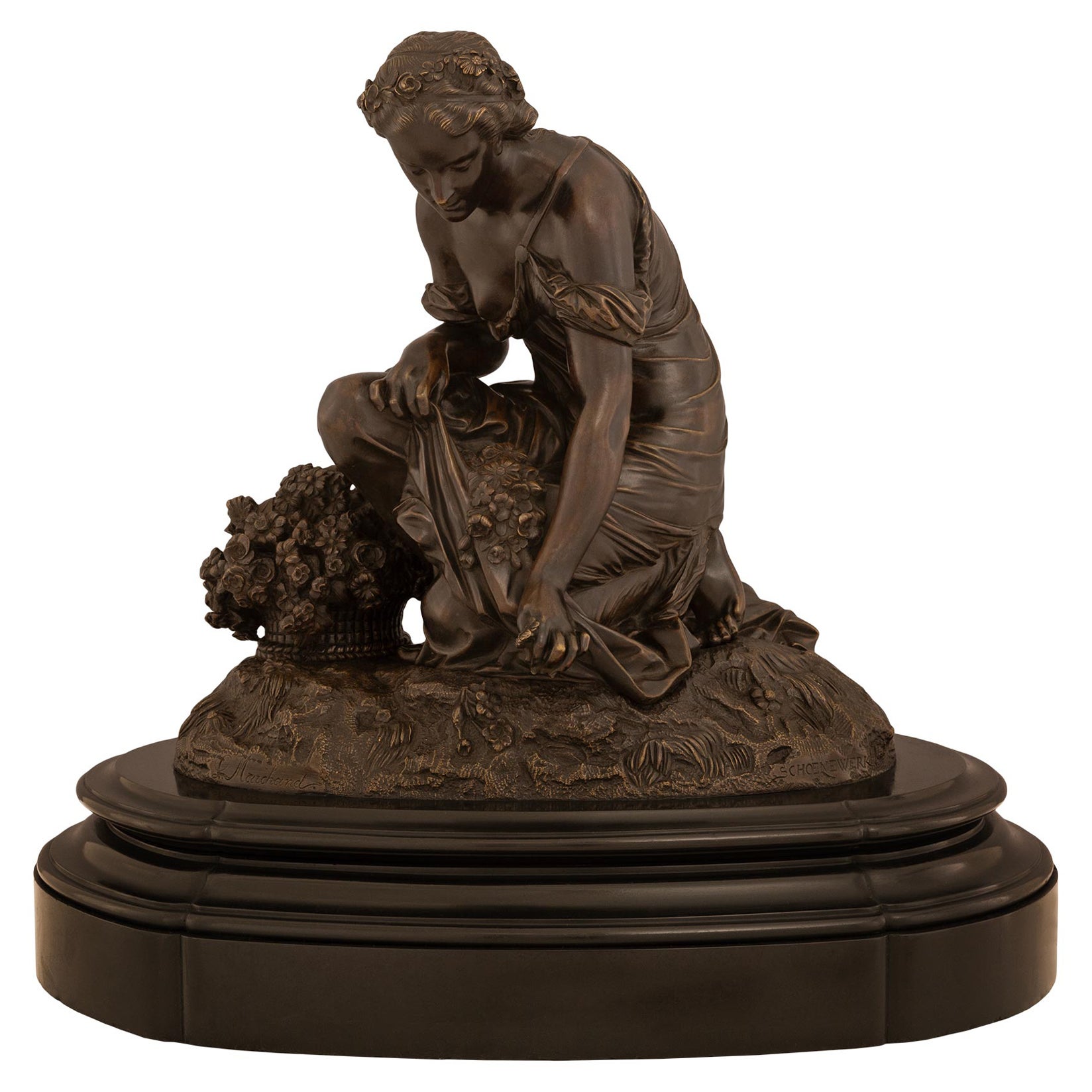 French 19th Century Bronze And Marble Statue Signed By Schoenewerk And Marchand For Sale