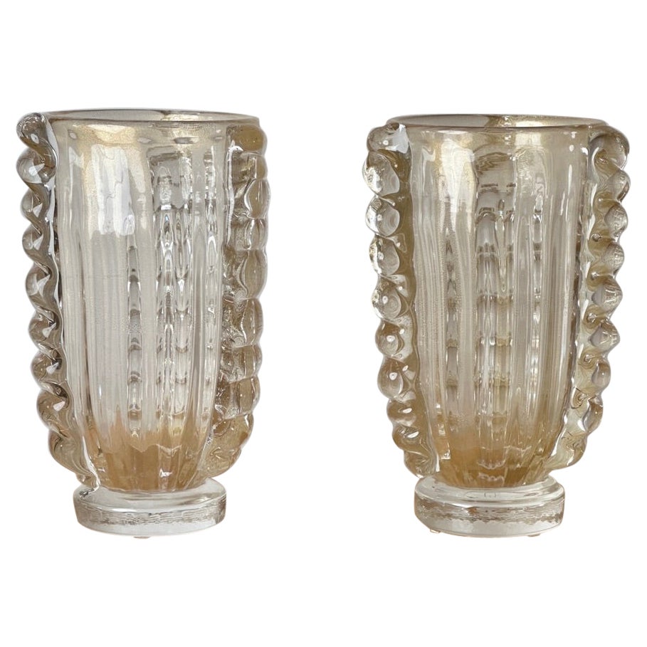 Late 20th Century Pair of Transparent w/ Gold Glittering Murano Art Glass Vases For Sale