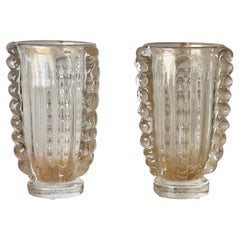 Vintage Late 20th Century Pair of Transparent w/ Gold Glittering Murano Art Glass Vases