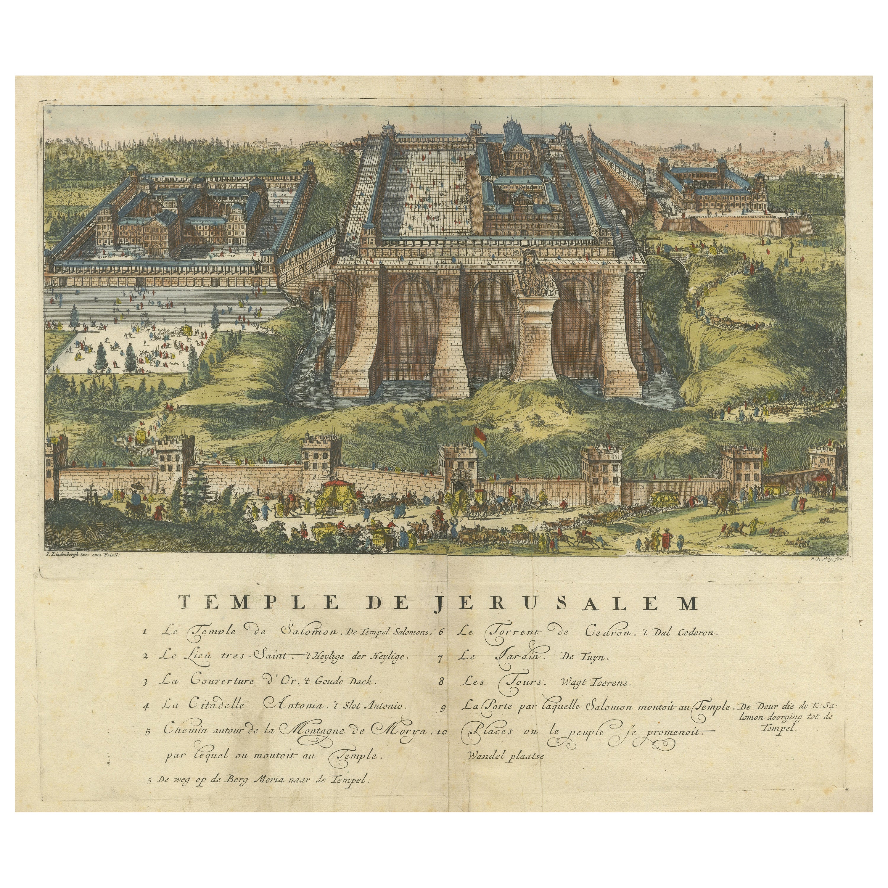 Jerusalem Engraved Handcolored Old Print of Solomon's Temple by De Hooghe, 1715 For Sale
