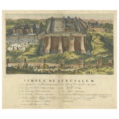 Vintage Jerusalem Engraved Handcolored Old Print of Solomon's Temple by De Hooghe, 1715