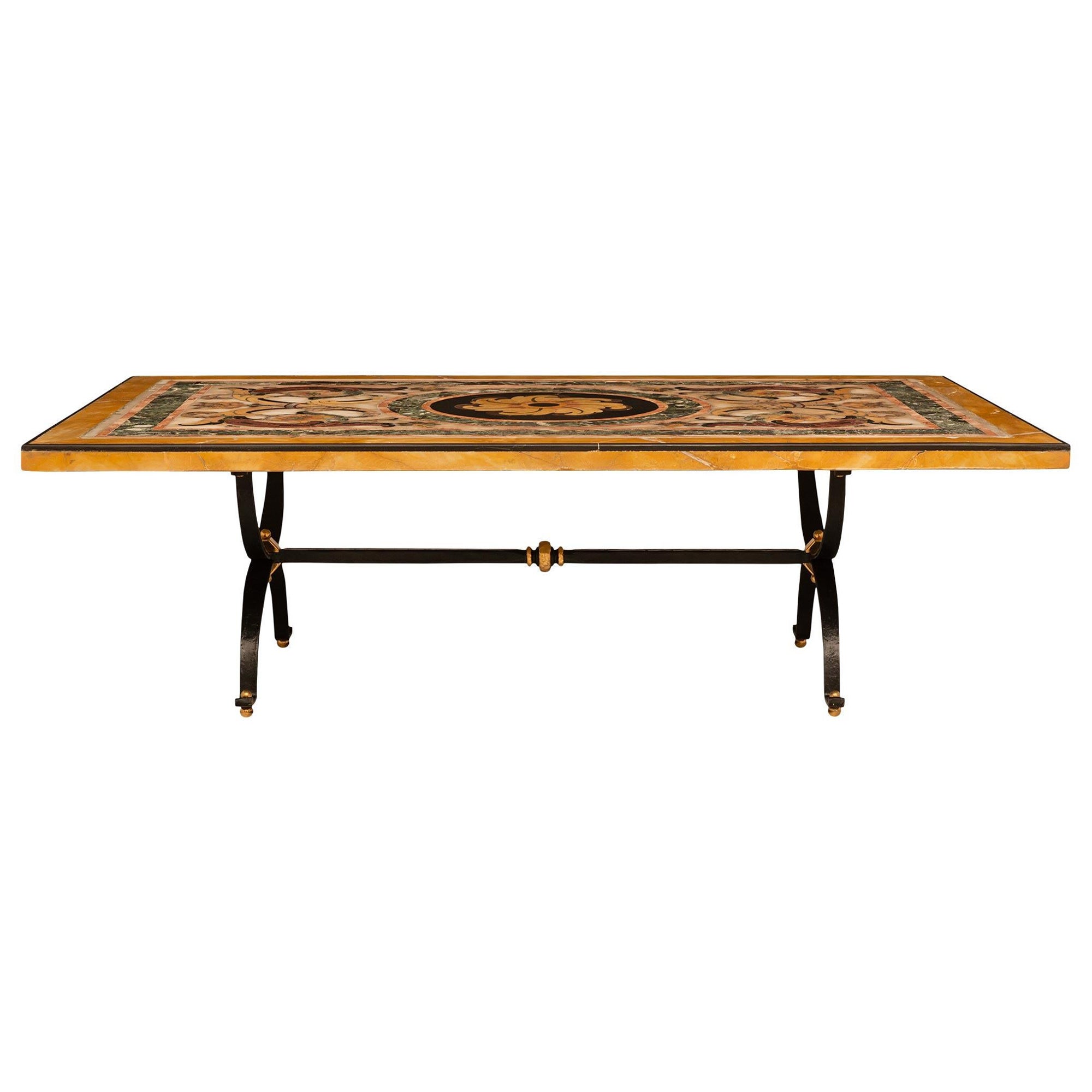 Italian 18th Century Pietra Dura Marble, Wrought Iron And Brass Coffee Table For Sale