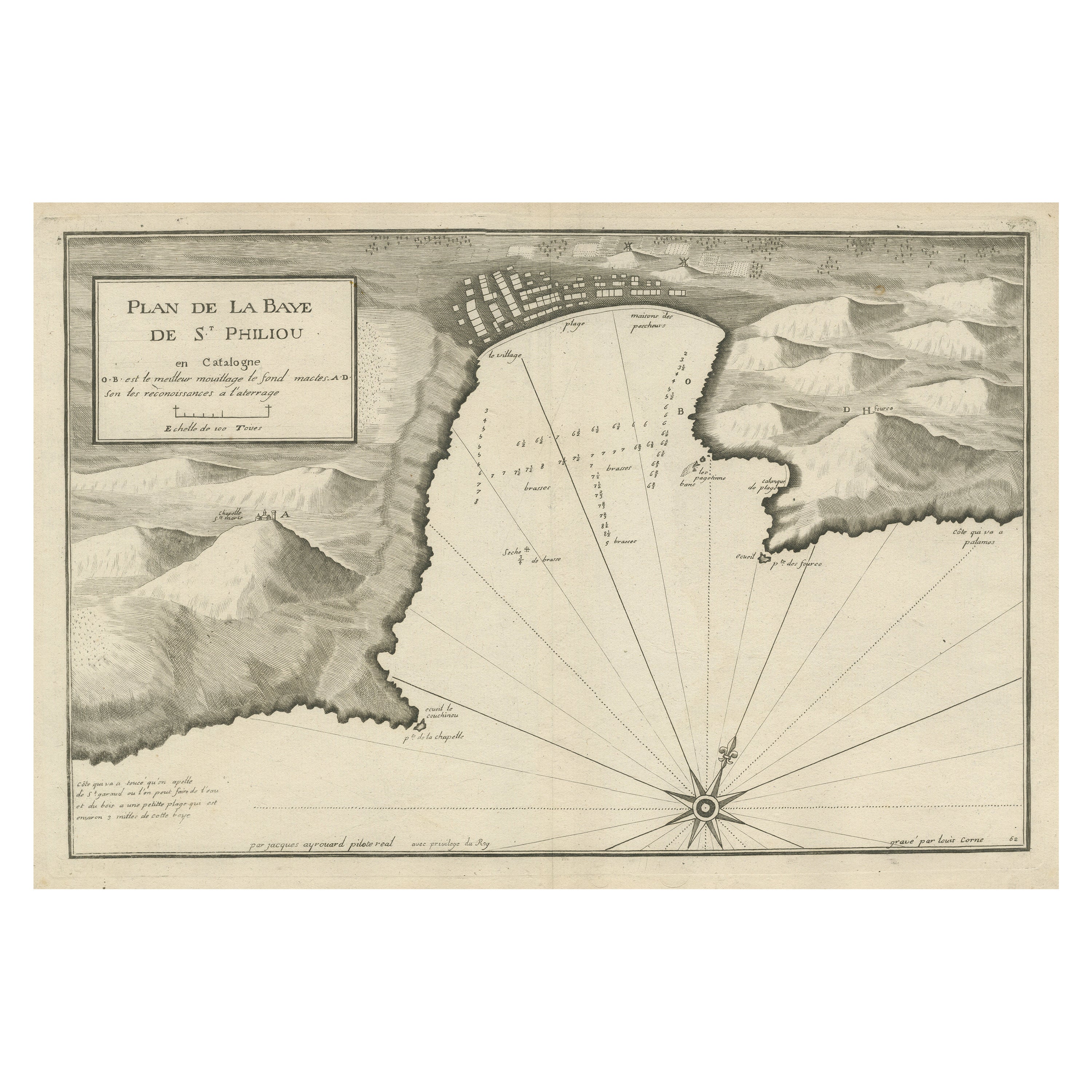 Large Antique Plan of St. Philiou Bay or Sant Feliu Catalonia Spain, circa 1746 For Sale
