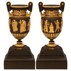 Pair Of French 19th Century Greek Grand Tour Period Bronze And Marble Urns