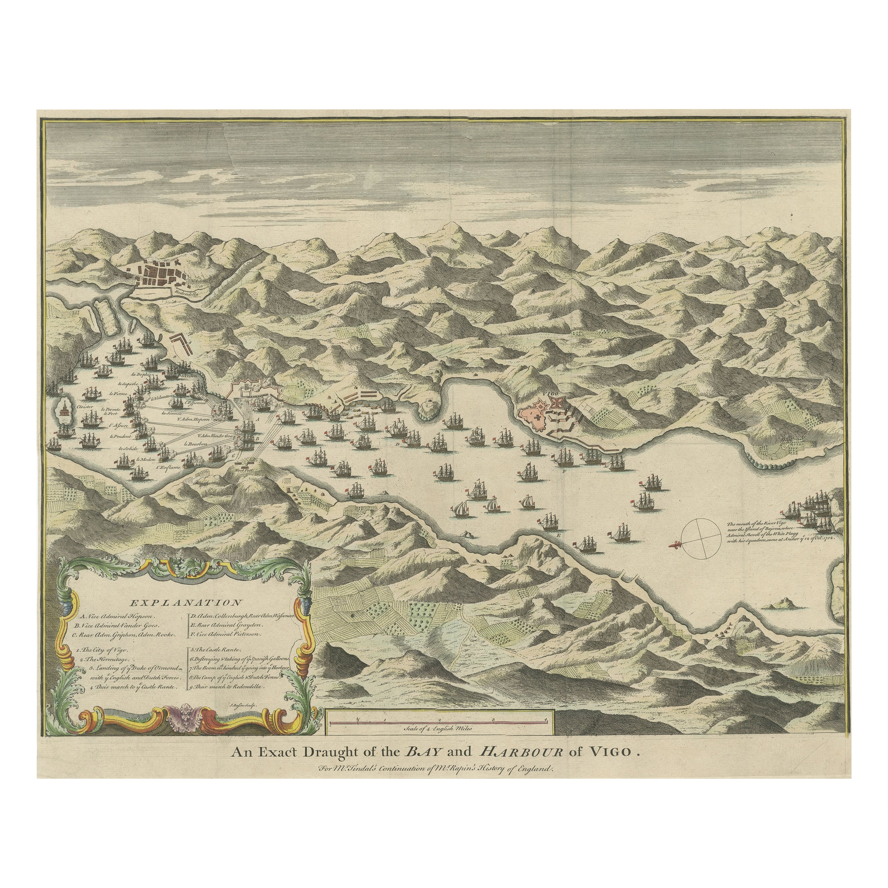 Impression ancienne de la bataille de 1702 sur la baie de Vigo ou Rande, Galicia, Espagne en vente