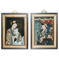 Lovely Pair of Antique Chinese Ancestral Portrait Hand Painted Glass Paintings