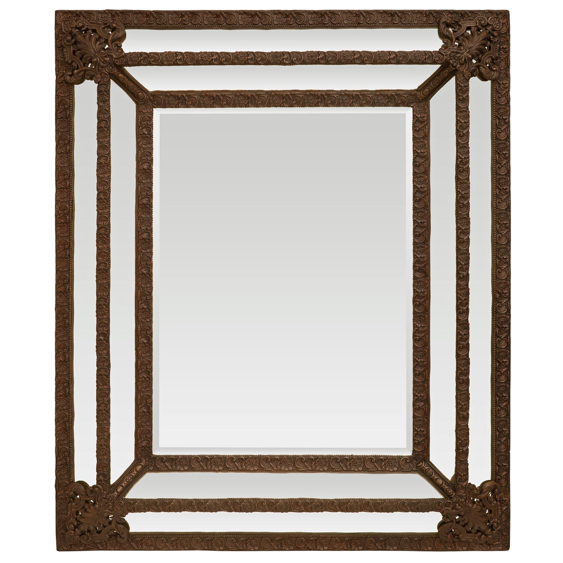 Dutch 19th Century Baroque St. Patinated Pressed Metal Double Framed Mirror For Sale