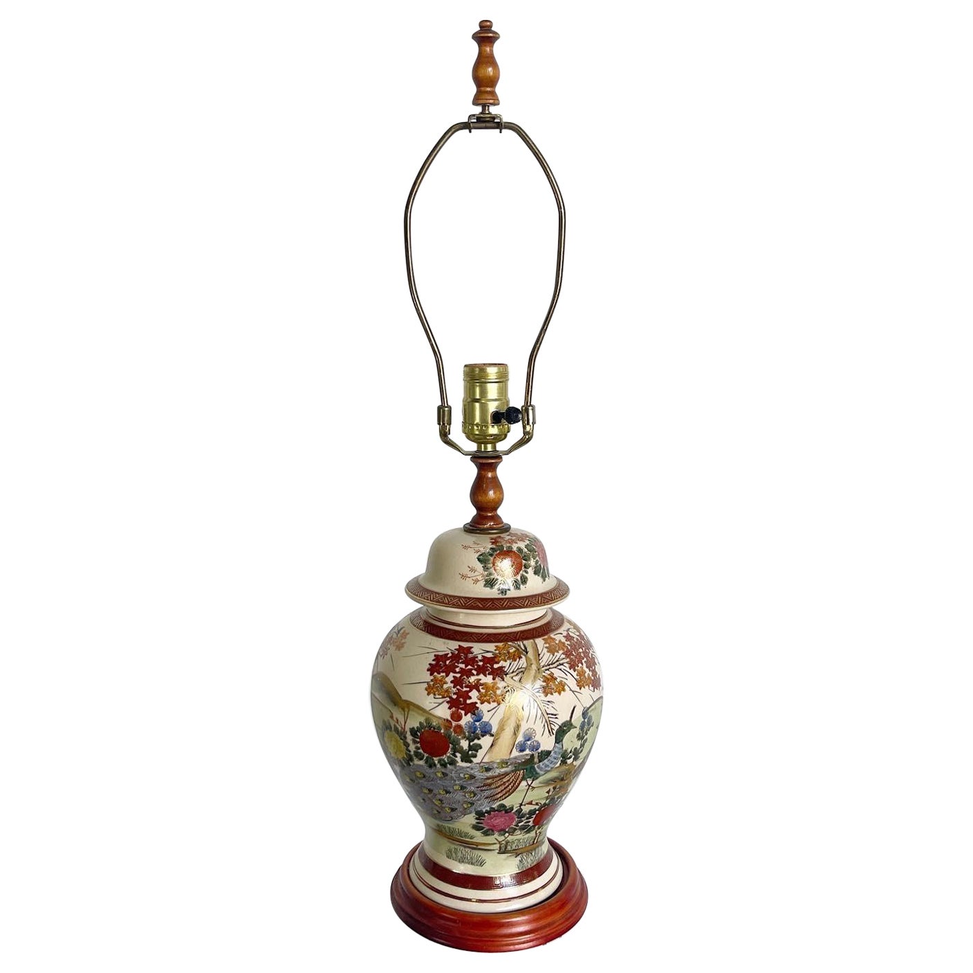 Lampada da tavolo cinese in ceramica e legno dipinta a mano